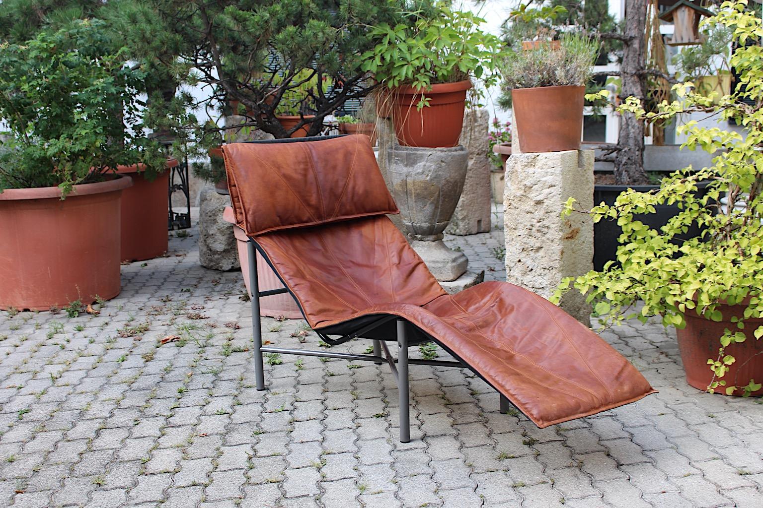 Swedish Chaise Lounge Daybed Vintage Tord Bjorklund Brown Leather Metal 1970s Sweden For Sale