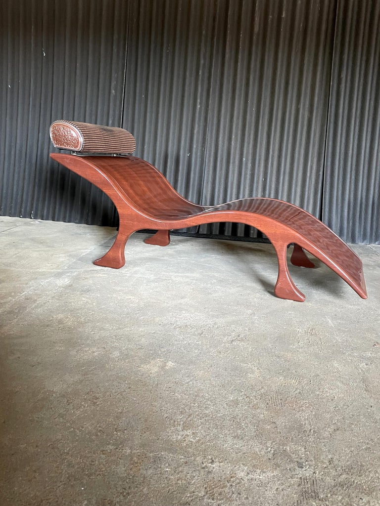 This chaise lounge is a beautiful piece of Art! And, an Art piece is what I'm calling it.
Strong and sturdy yet not the most comfortable chaise out there.
I can imagine this piece just sitting on its own looking Amazing.

Unknown wood.
Light