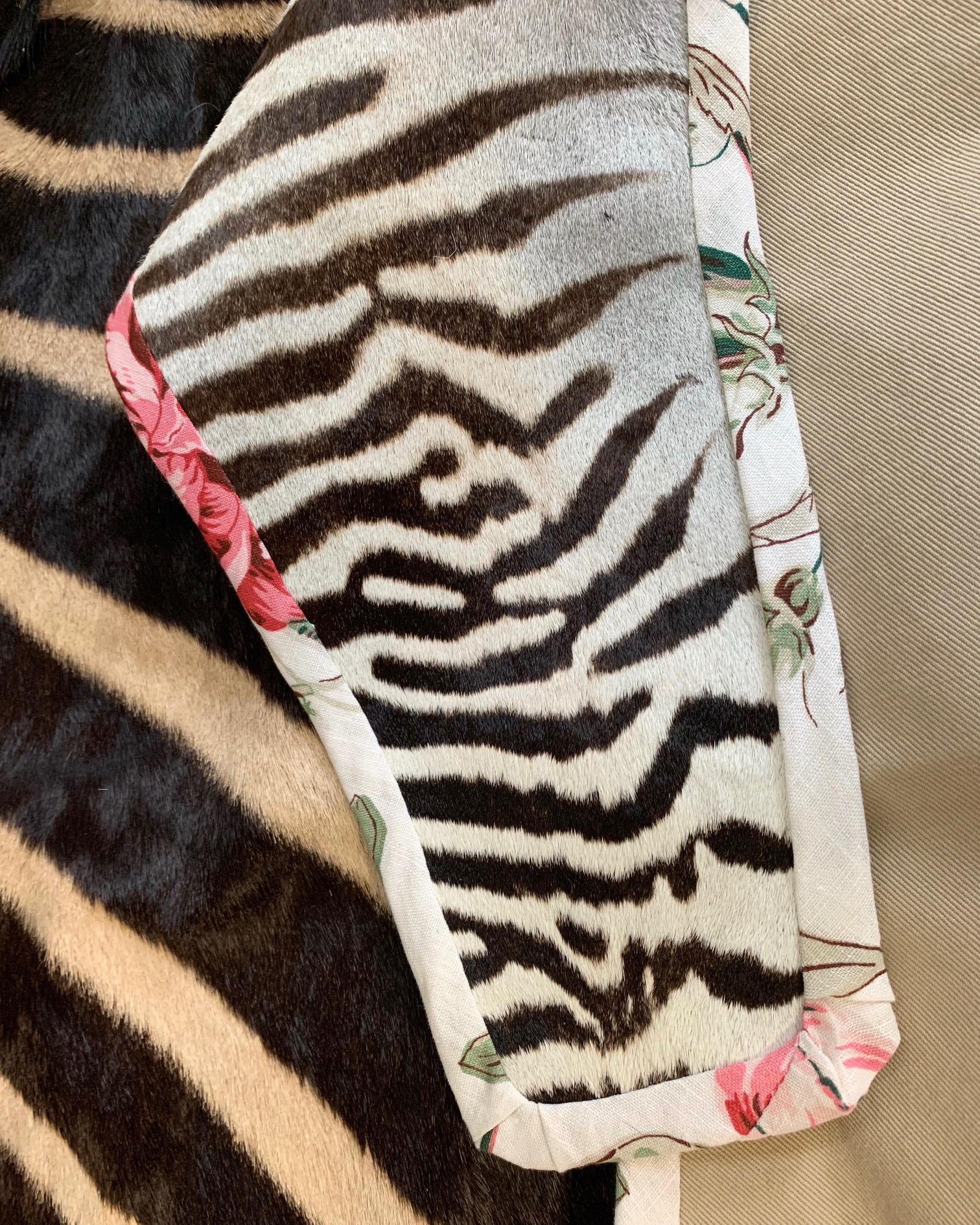 Zebra Hide Chaise Lounge in Schumacher Fabric with Zebra Rug For Sale
