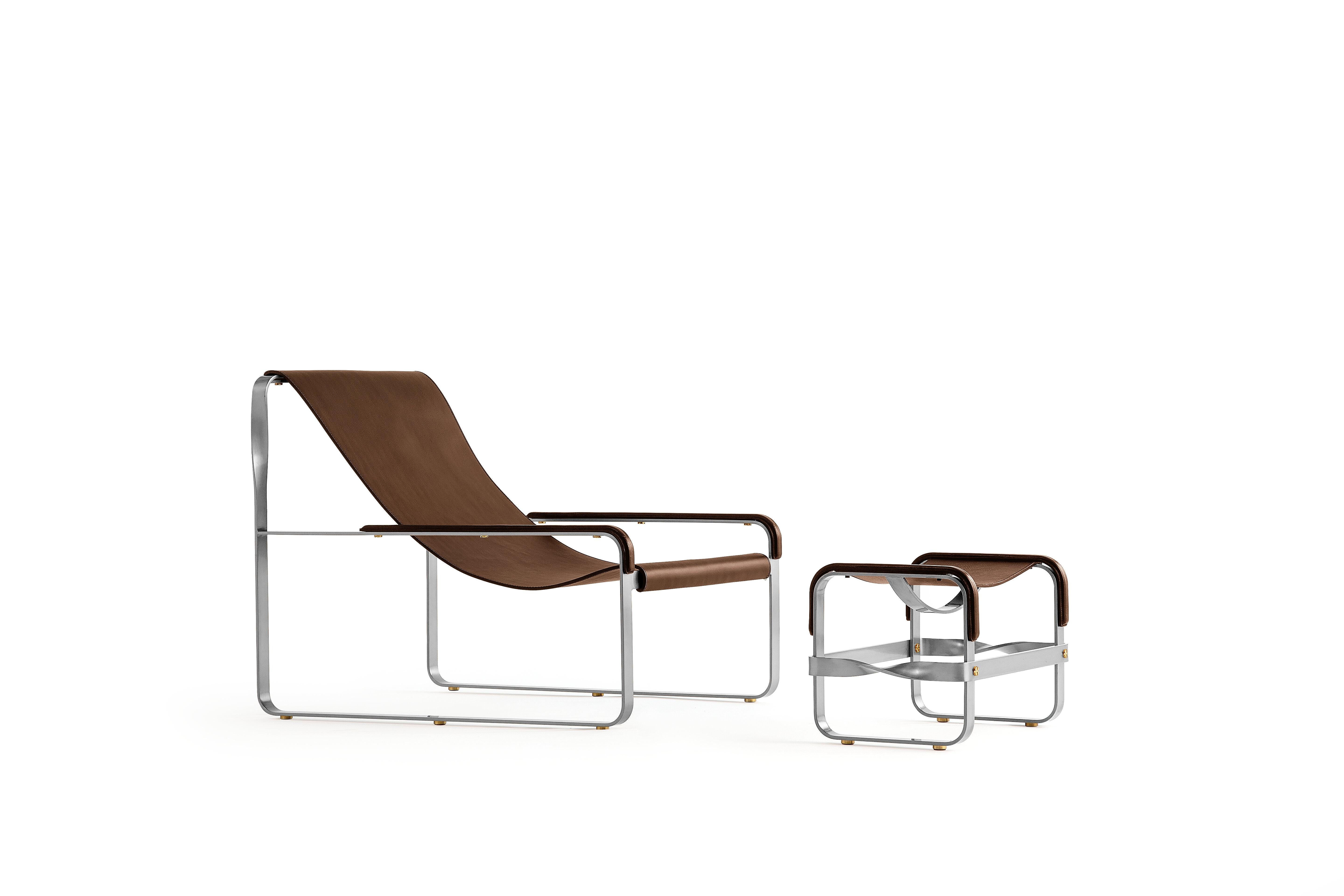 Modern Artisan Made Contemporary Chaise Lounge Old Silver Steel & Dark Brown Leather For Sale