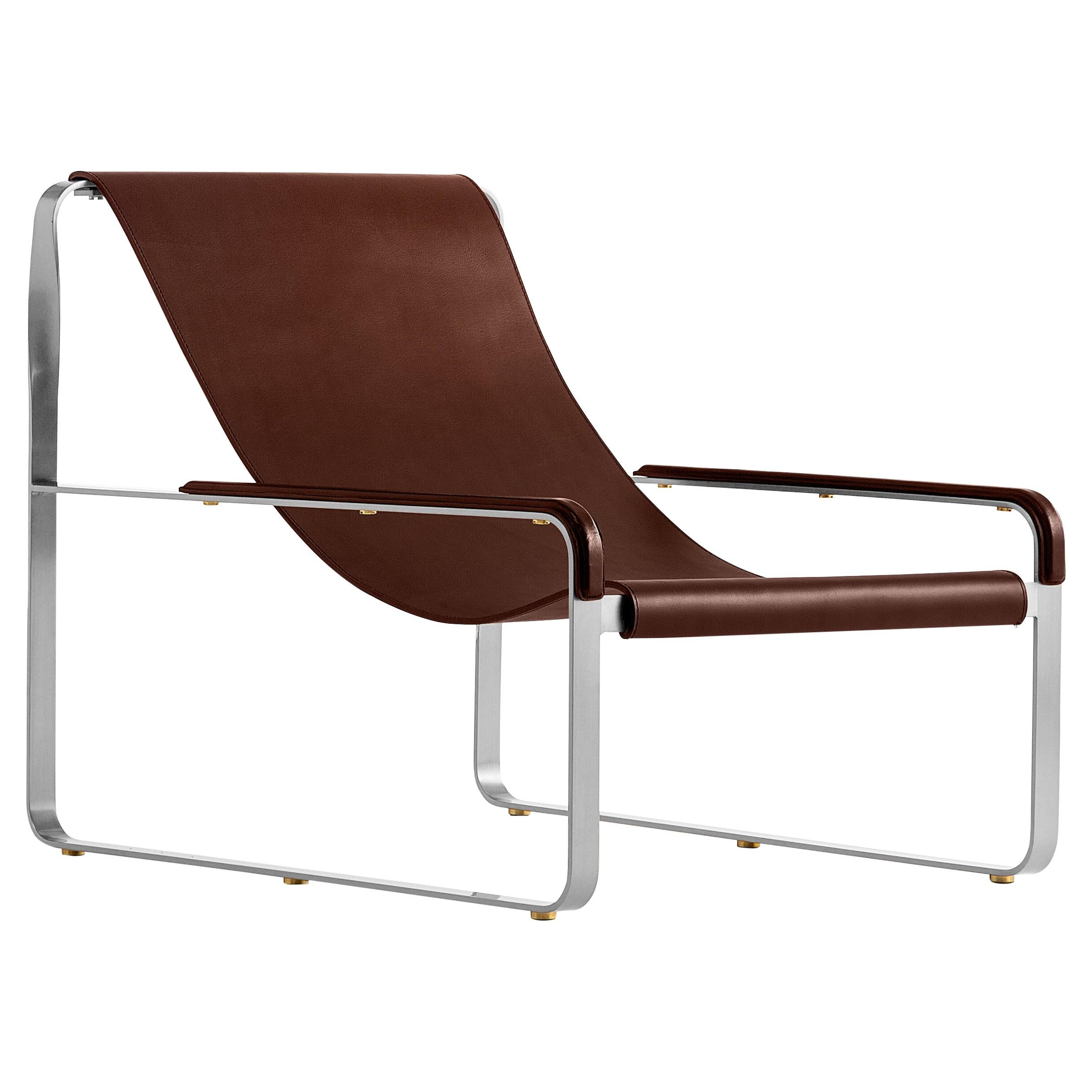 Artisan Made Contemporary Chaise Lounge Old Silver Steel & Dark Brown Leather For Sale
