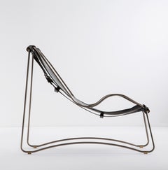 Sculptural Contemporary Artisan Chaise Lounge Old Silver Metal & Black Leather