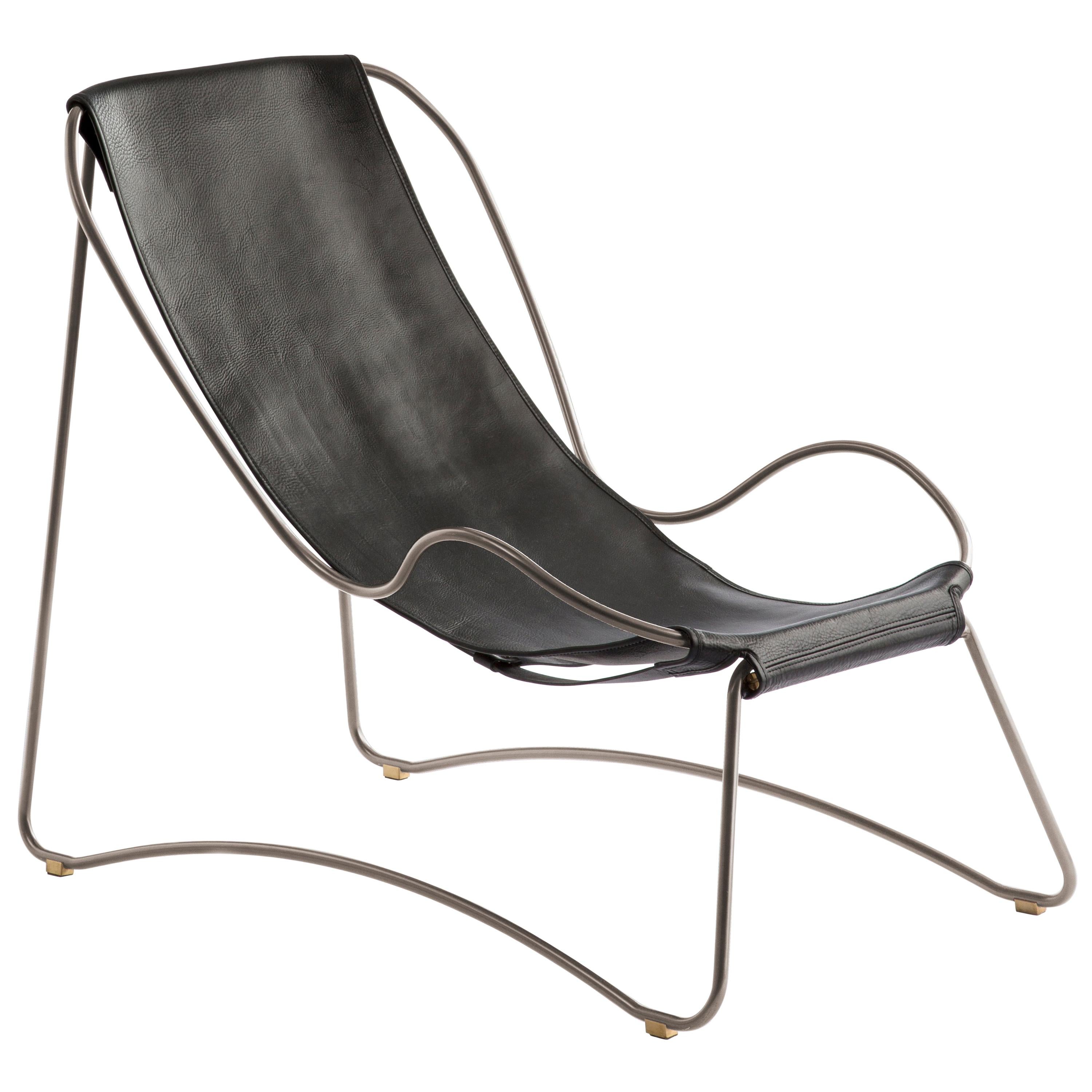 Sculptural Contemporary Artisan Chaise Lounge Old Silver Metal & Black Leather For Sale