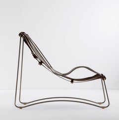 Sculptural Contemporary Chaise Lounge Old Silver Steel & Dark Brown Leather