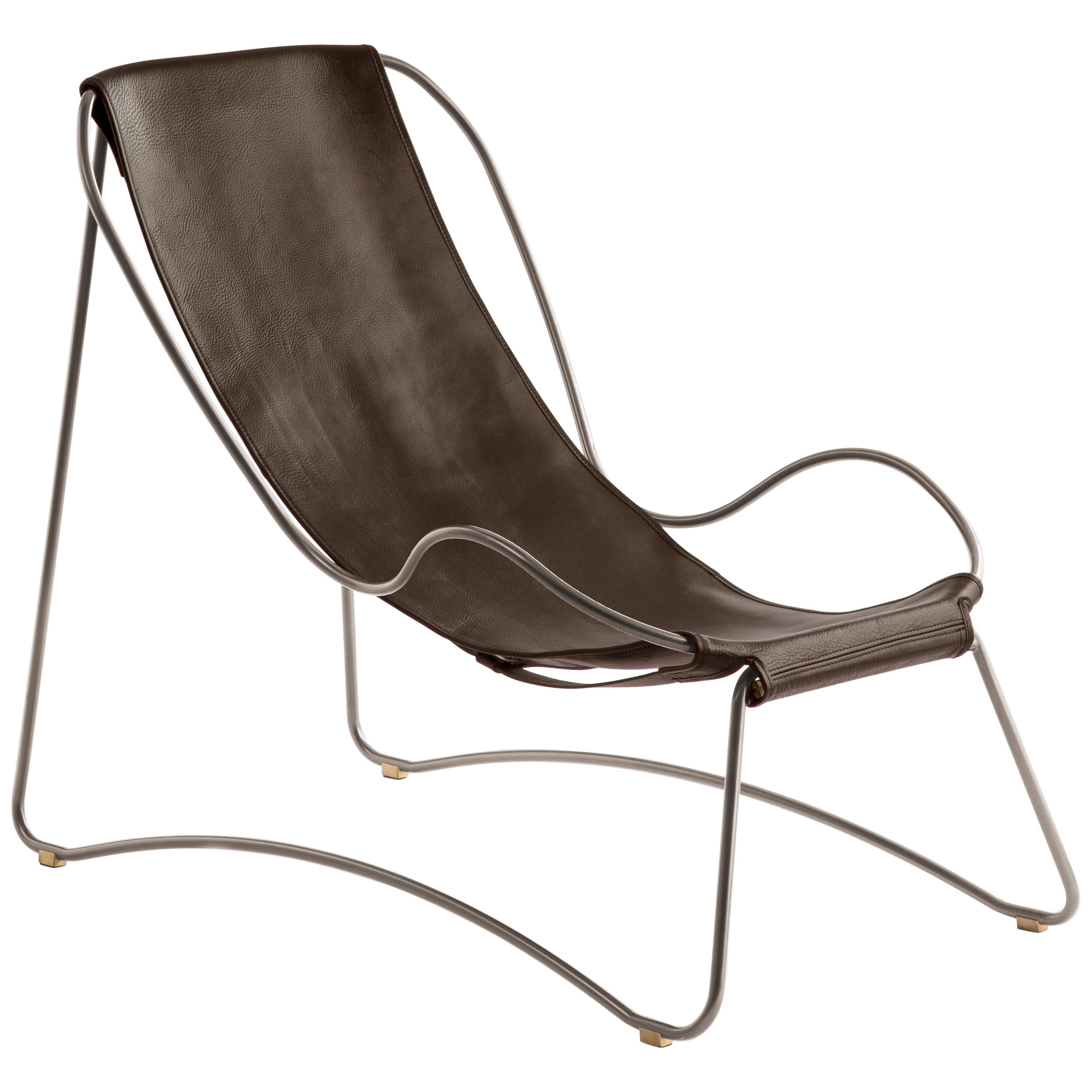 Sculptural Contemporary Chaise Lounge Old Silver Steel & Dark Brown Leather For Sale