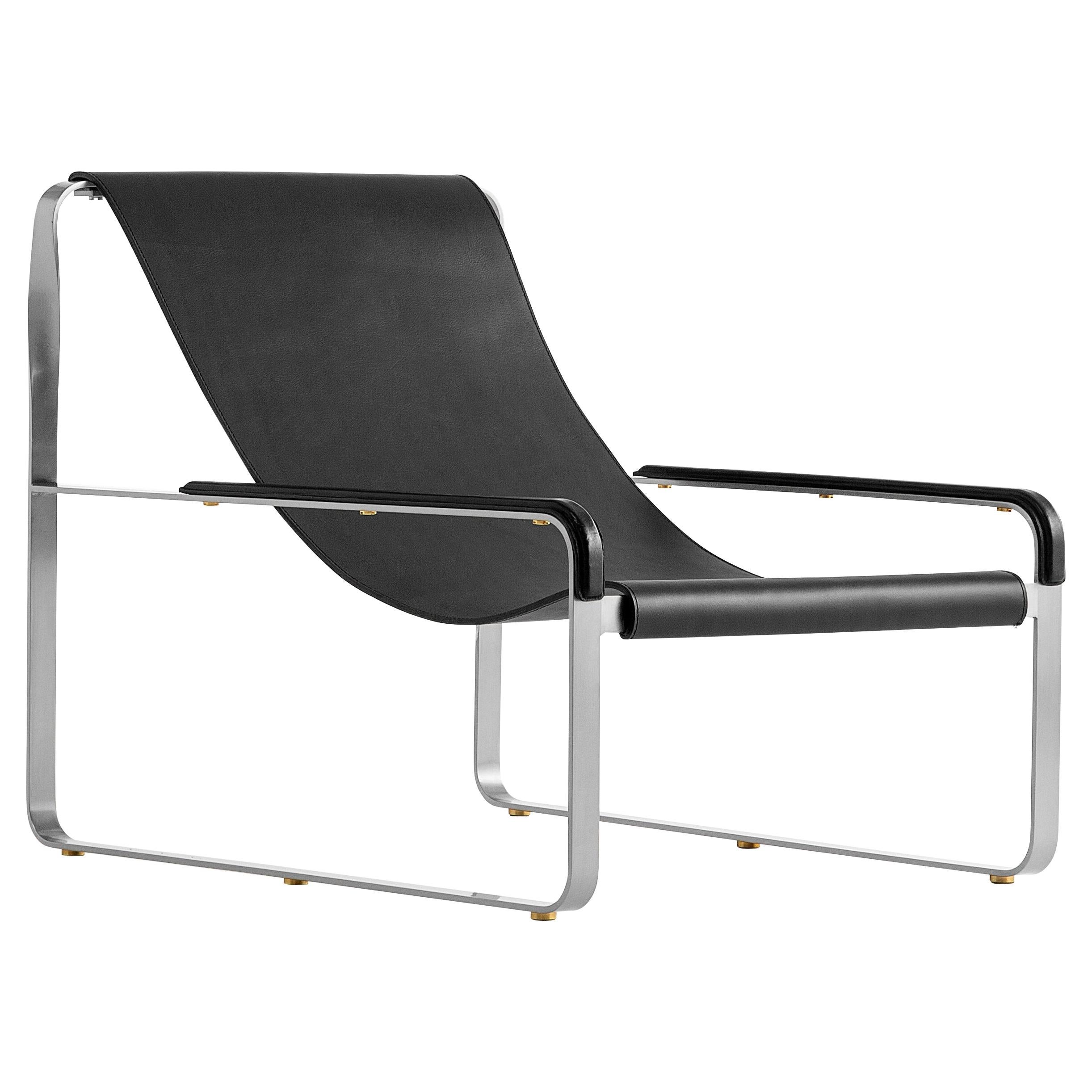 Artisan Contemporary Chaise Lounge Old Silver Steel & Black Leather For Sale