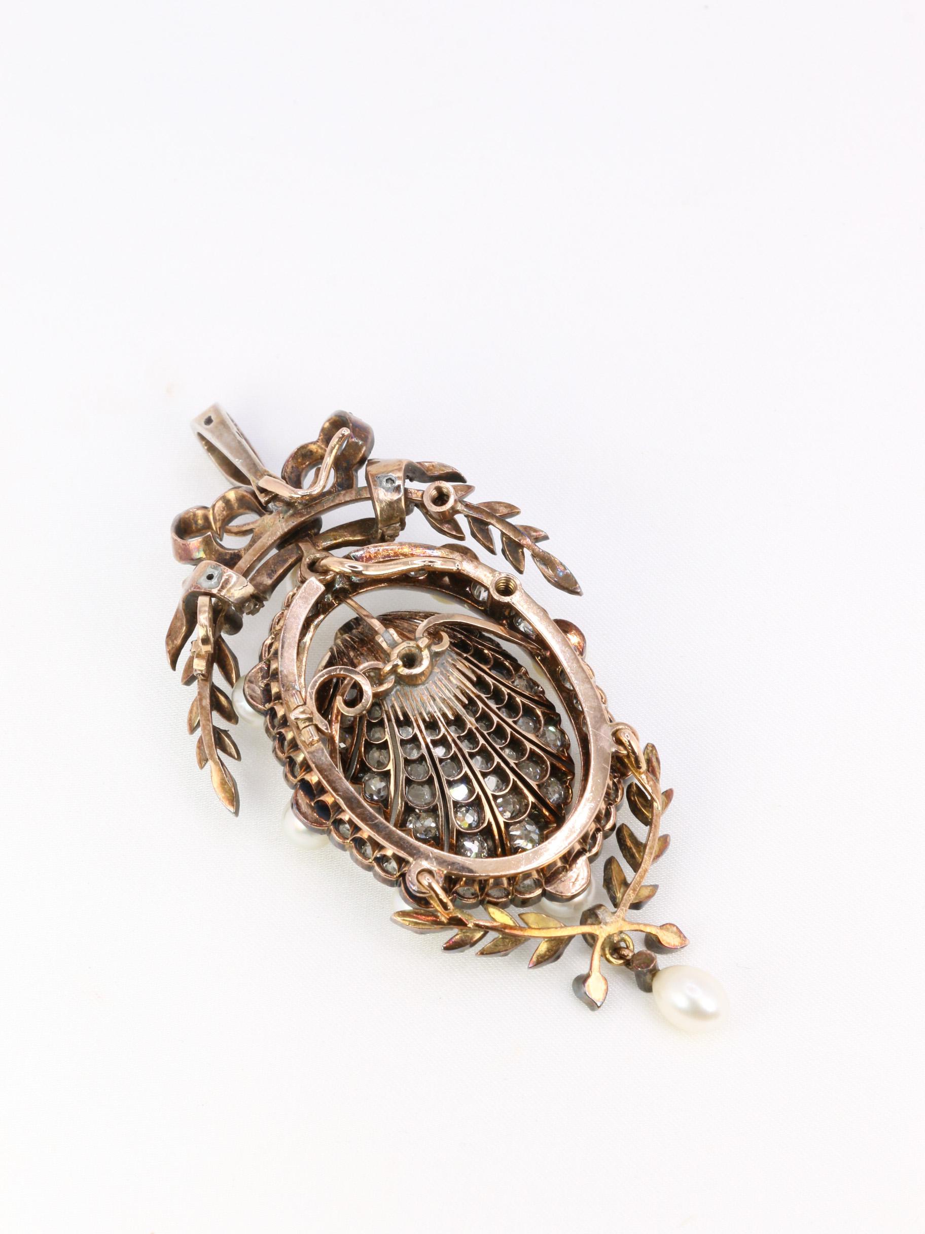 Victorian CHAISE Oval pendant-brooch in gold, silver, diamonds and natural pearls