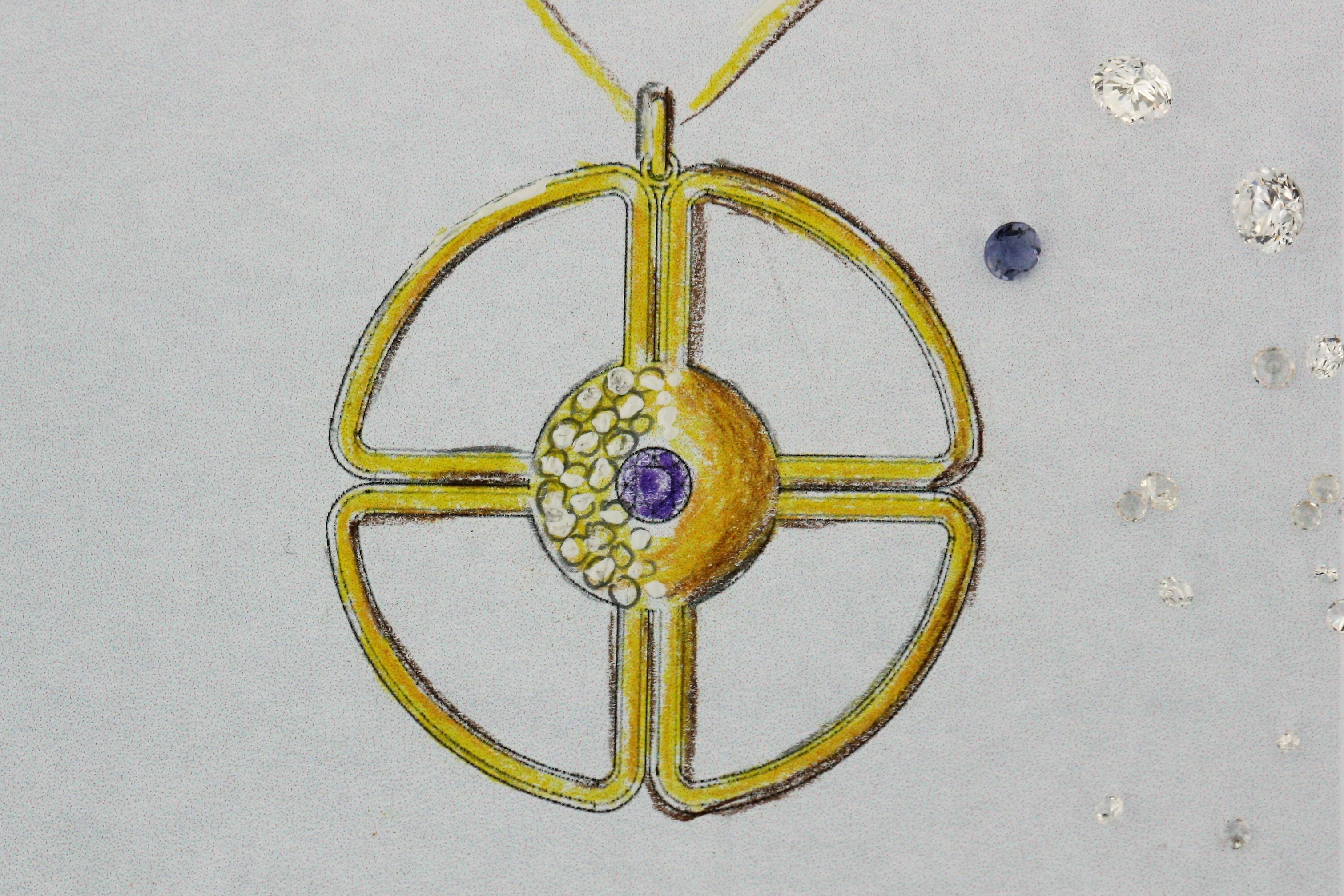 Collier en forme de fleur fait main en or jaune 18Kt avec diamants et améthyste perpule. Il s'inspire de la guérison pranique et de la forme de l'eau  Anatomie des chakras  par le Grand Maître Choa Kok Sui

Titre : Anatomie des chakras 
Métal : Or