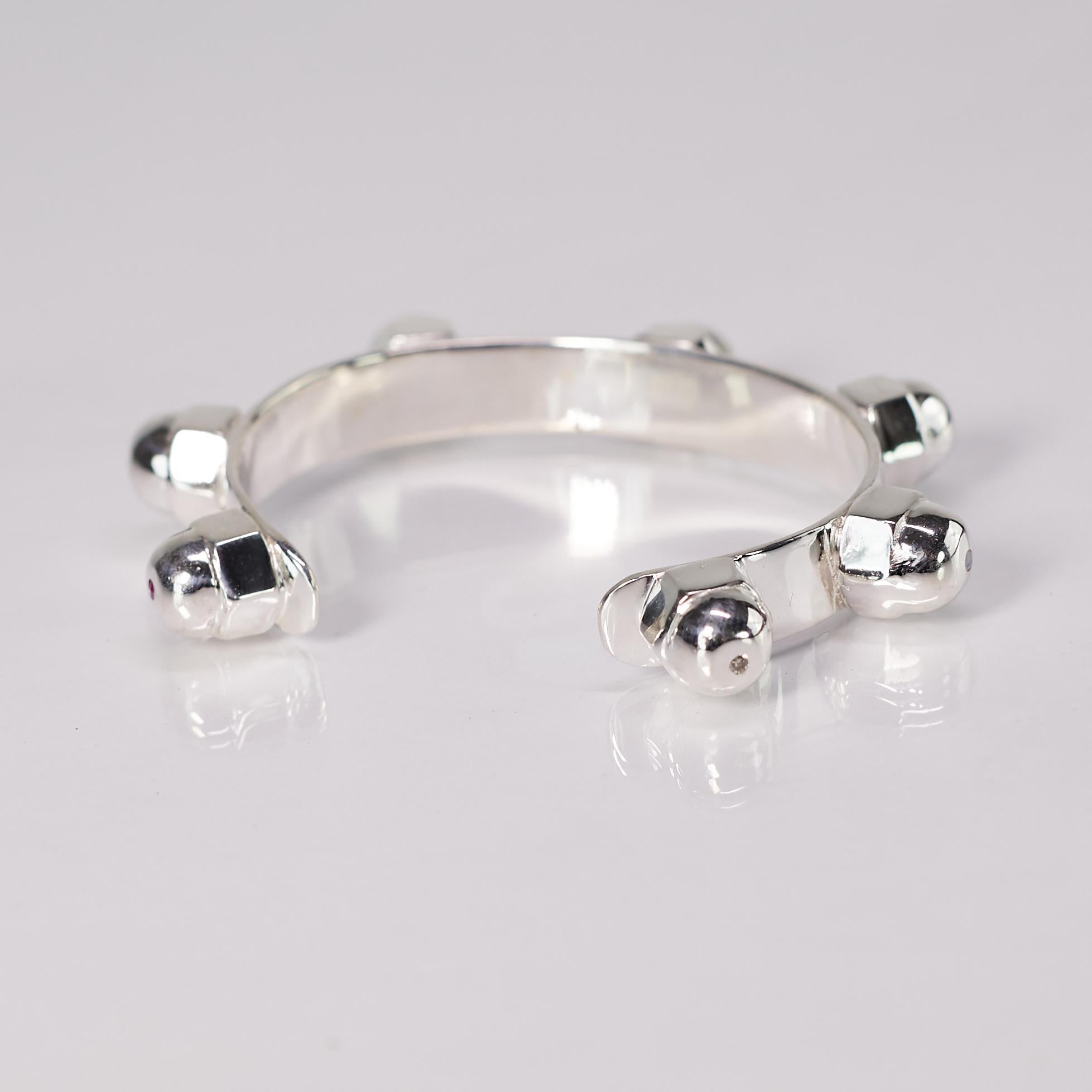 Bracelet Spiritual Cuff Bangle Sterling Silver White Diamond Emerald Sapphire For Sale 4