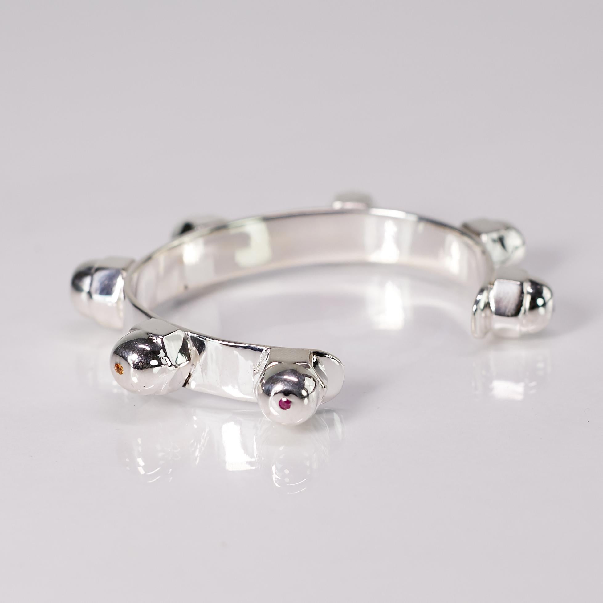 Bracelet Spiritual Cuff Bangle Sterling Silver White Diamond Emerald Sapphire In New Condition For Sale In Los Angeles, CA