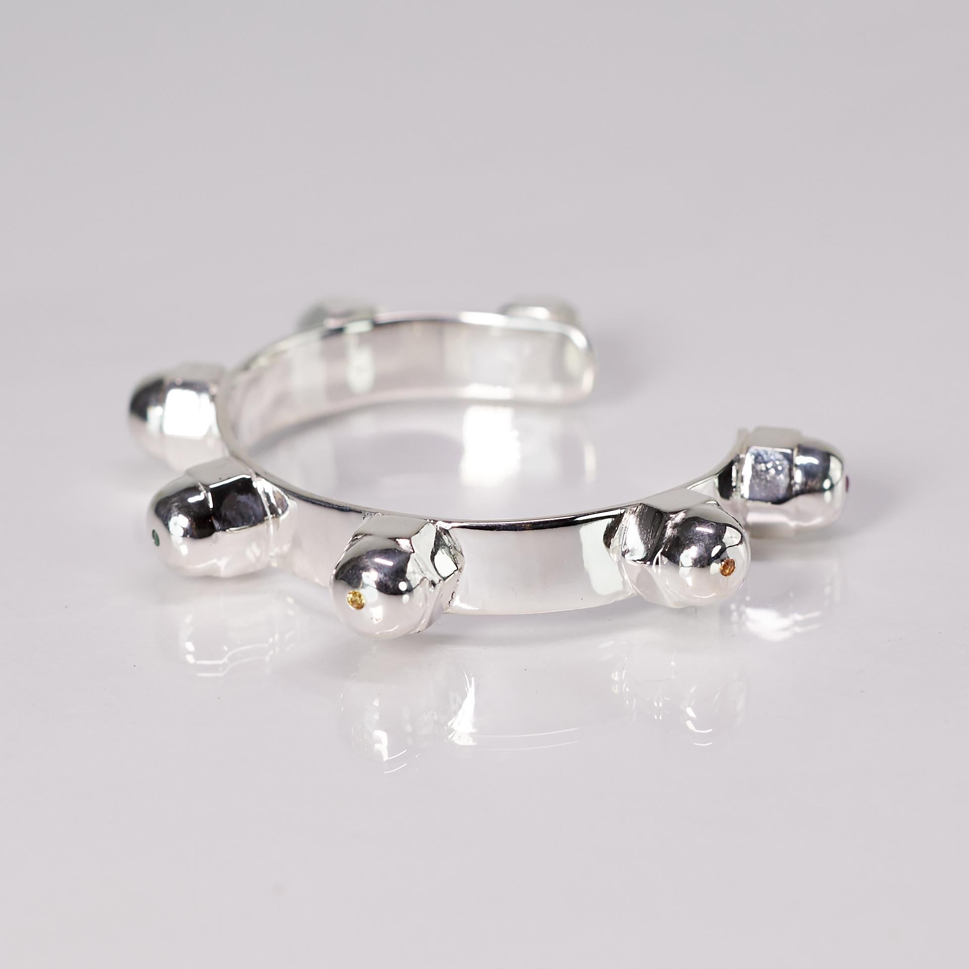 Women's Chakra Cuff Bangle Sterling Silver White Diamond Emerald Sapphire Ruby J Dauphin For Sale
