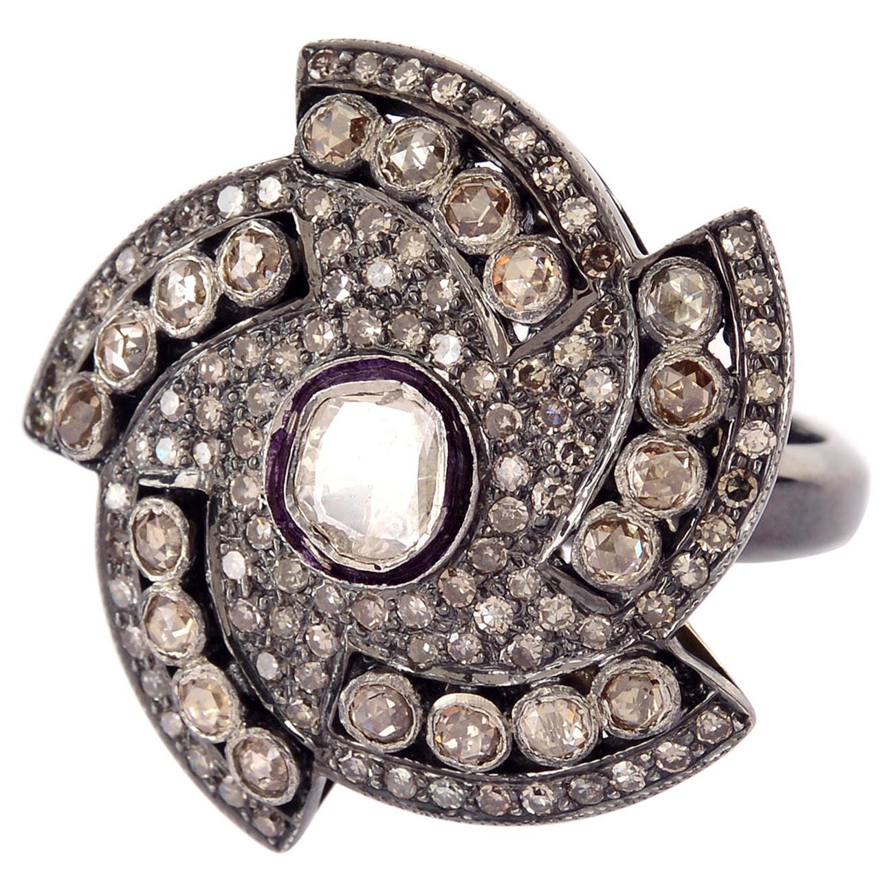 Ring mit Chakra-Diamant in Diamant gefasst in Silber und Gold im Angebot