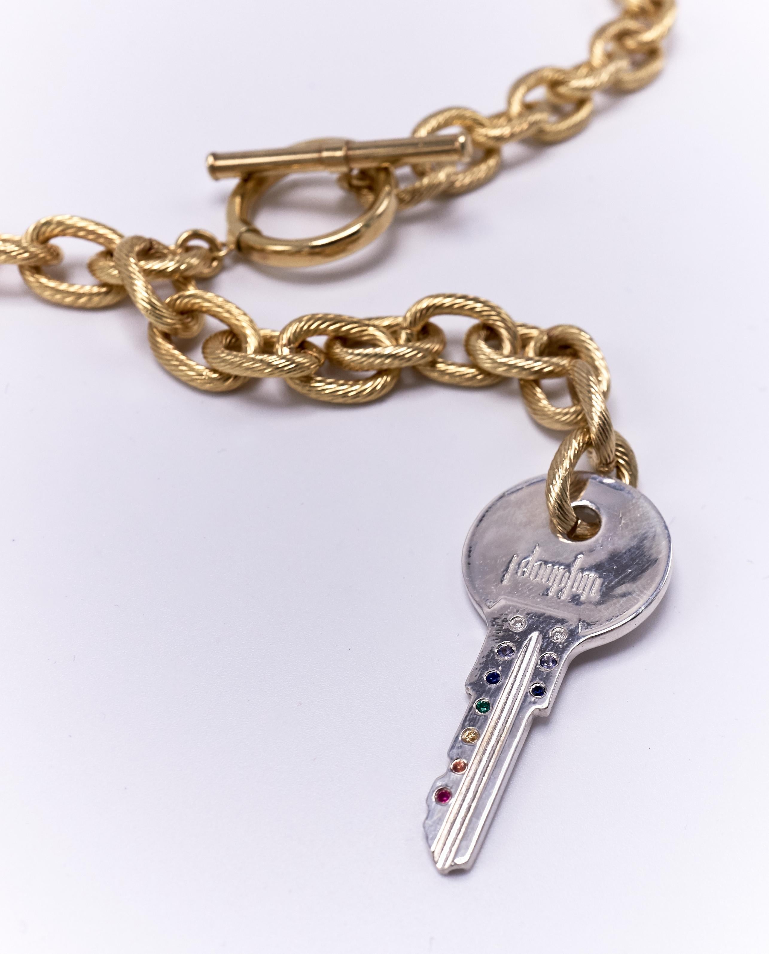 Contemporary Chakra Key Silver Pendant Gold Plated Necklace White Diamond Emerald Ruby