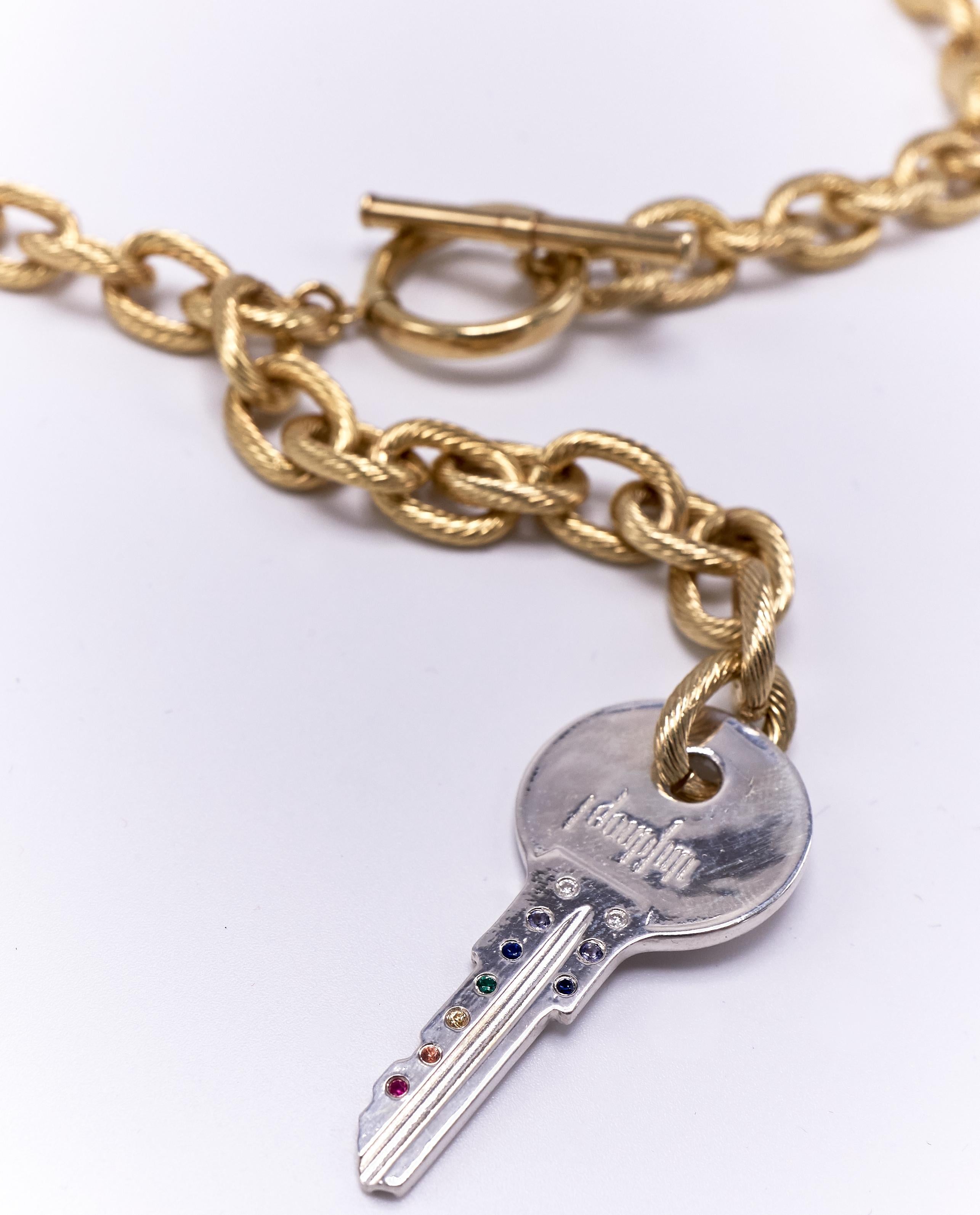 Chakra Key Silver Pendant Gold Plated Necklace White Diamond Emerald Ruby In New Condition In Los Angeles, CA