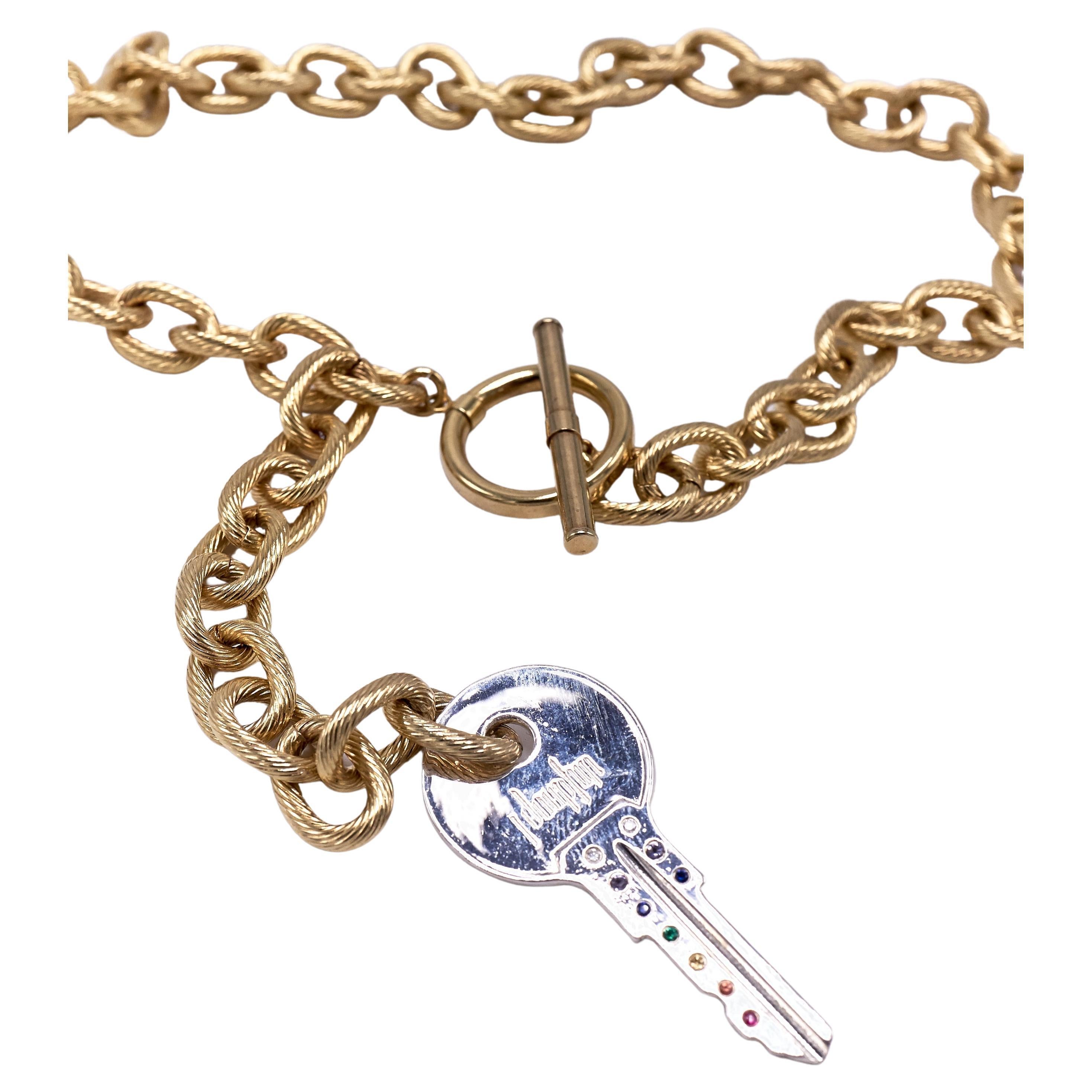 Chakra Rainbow Key White Diamond Emerald Ruby Chunky Chain Choker Necklace For Sale
