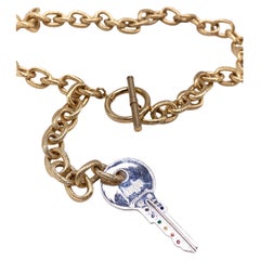 Chakra Rainbow Key White Diamond Emerald Ruby Chunky Chain Choker Necklace