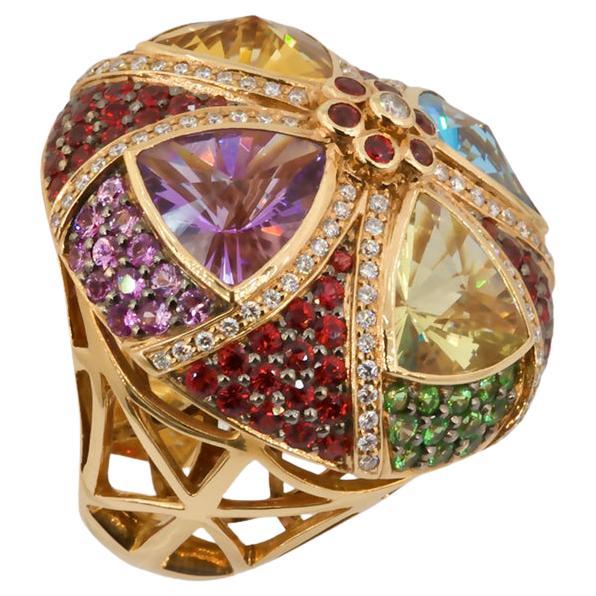 Modern Chakras Ring, Olympus Art Certified, 15, 91 Carat Mix Semiprecious, Fashion Ring For Sale