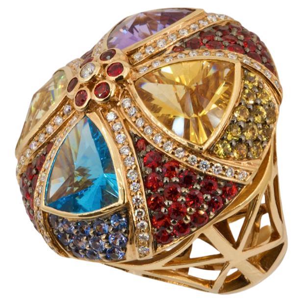 Chakras Ring, Olympus Art Certified, 15, 91 Carat Mix Semiprecious, Fashion Ring In New Condition For Sale In Istanbul, TR