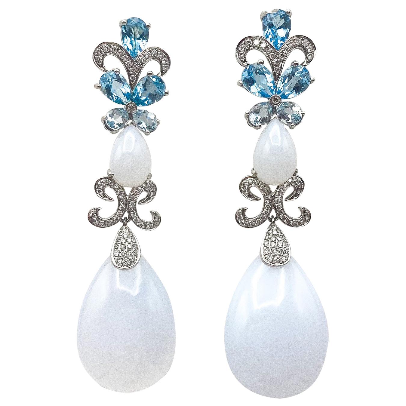 Chalcedony 1.48 Carat Diamonds 5 Carat Blue Topaz 18 Karat White Gold Earrings