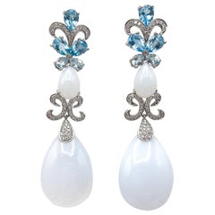 Chalcedony 1.48 Carat Diamonds 5 Carat Blue Topaz 18 Karat White Gold Earrings