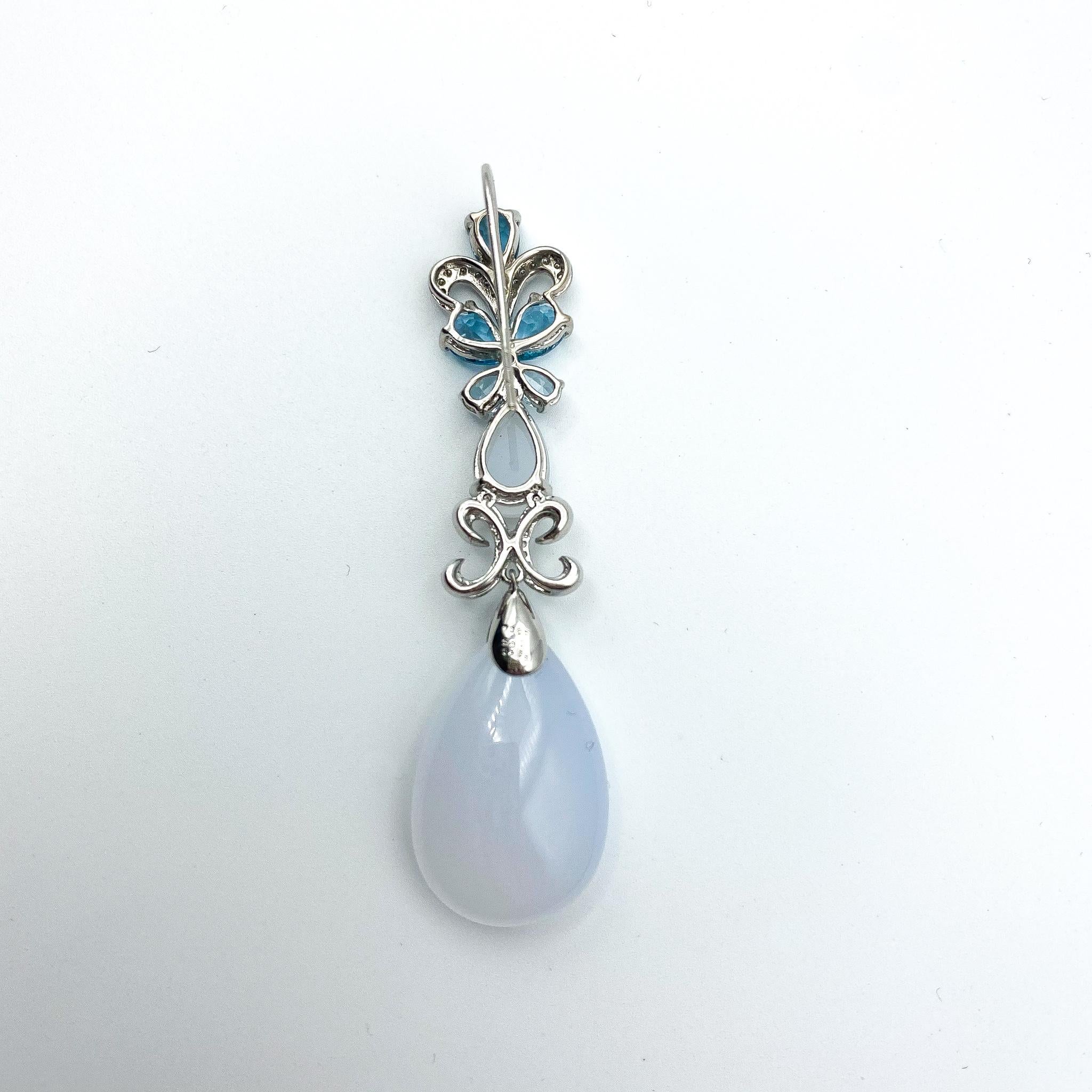 Art Deco Chalcedony 1.48 Carat Diamonds 5 Carat Blue Topaz 18 Karat White Gold Earrings