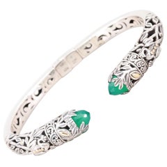 Chalcedony 18 K Sterling Silver Hinged Cuff Bracelet-Hallmarked