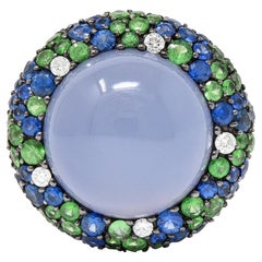 Chalcedony 7.55 Carats Sapphire Diamond Tsavorite 18 Karat Gold Cocktail Ring