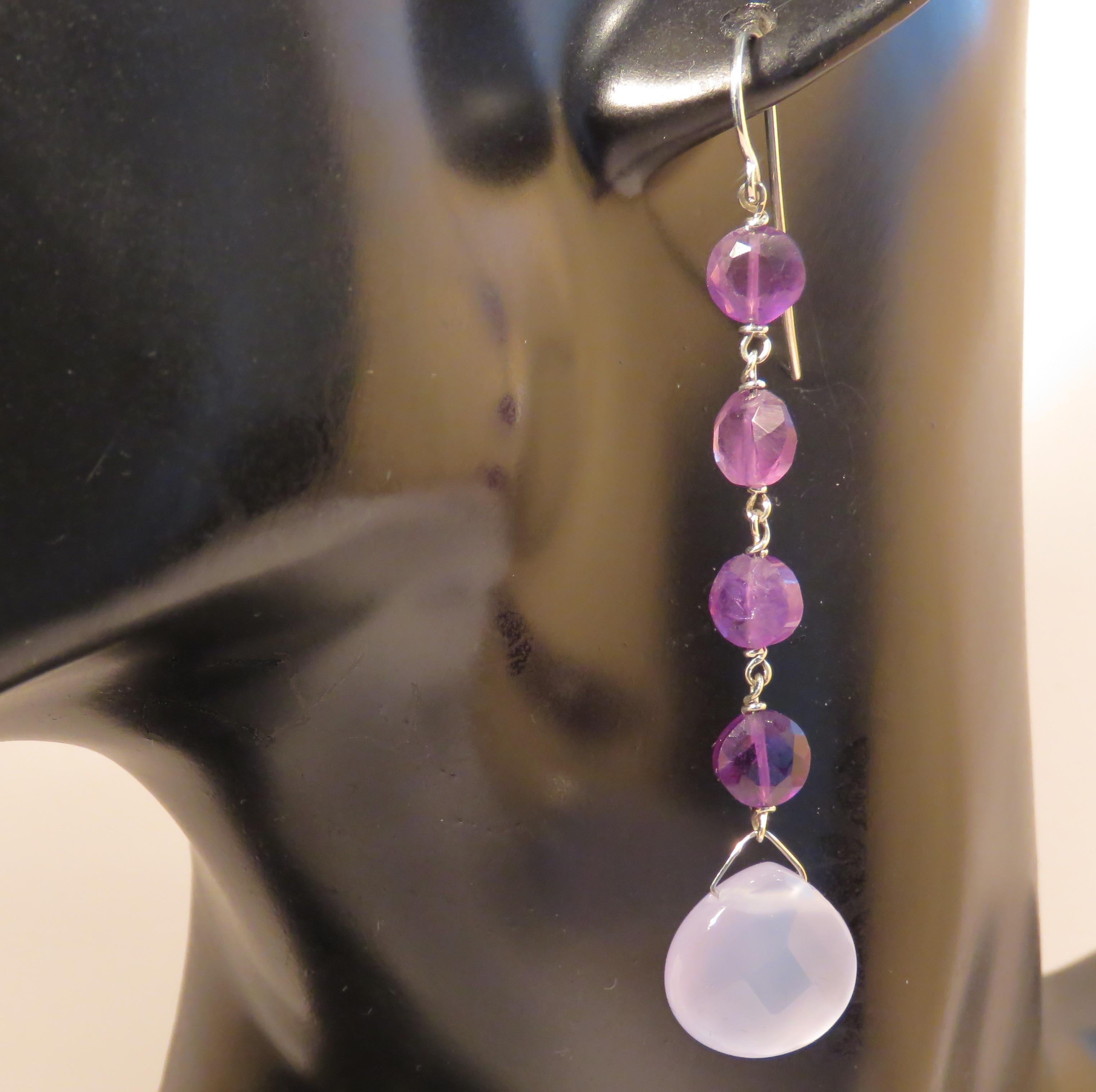 Beautiful dangle earrings with natural faceted chalcedony and faceted amethyst handcrafted in Italy by Botta Gioielli in 9 karat white gold. The total length of each earring is 70 mm / 2.755 inches. They are marked with the Italian Gold Mark 375 and