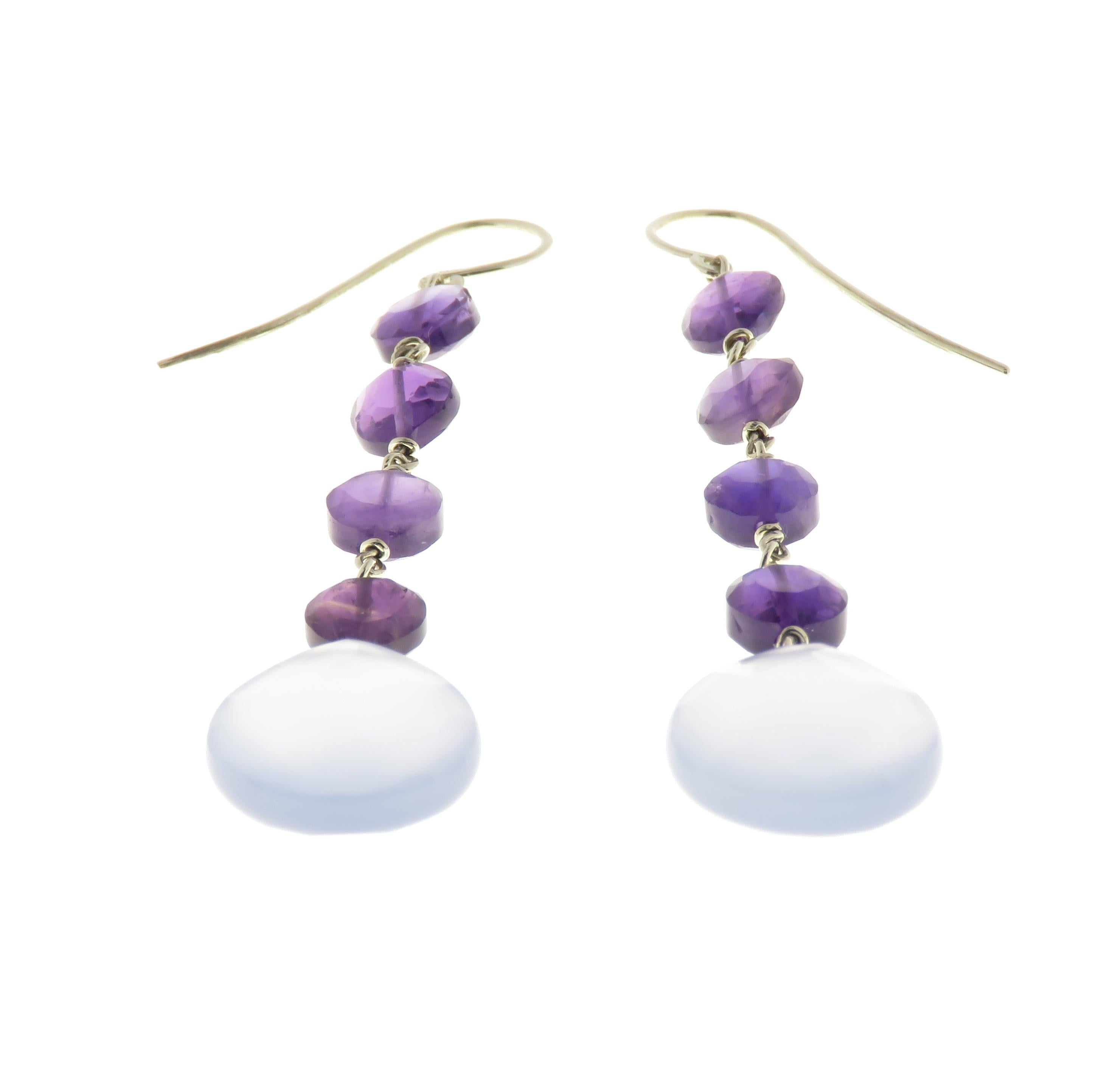 Briolette Cut Chalcedony Amethyst 9 Karat White Gold Dangle Earrings Handcrafted in Italy For Sale