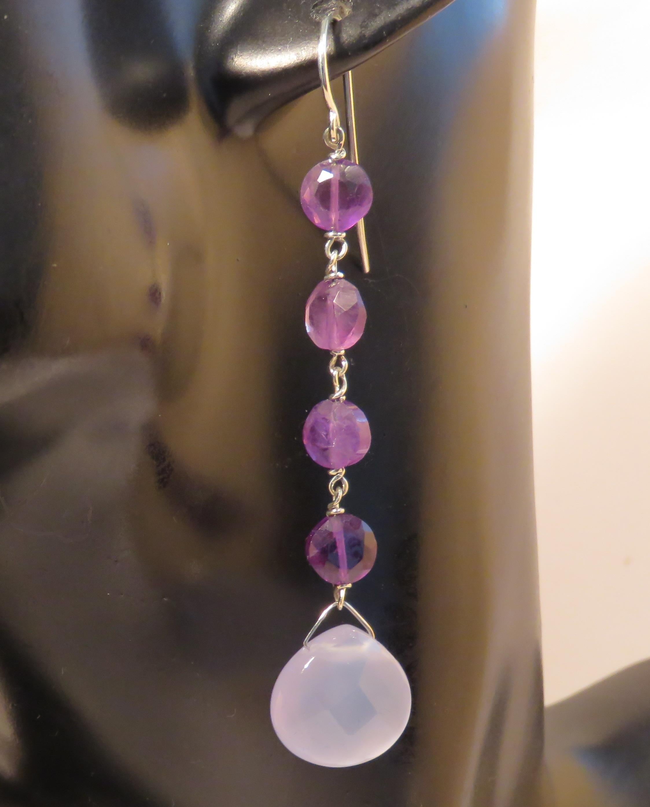 Chalcedony Amethyst 9 Karat White Gold Dangle Earrings Handcrafted in Italy In New Condition For Sale In Milano, IT