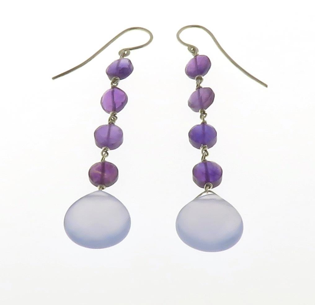 Women's Chalcedony Amethyst 9 Karat White Gold Dangle Earrings Handcrafted in Italy For Sale