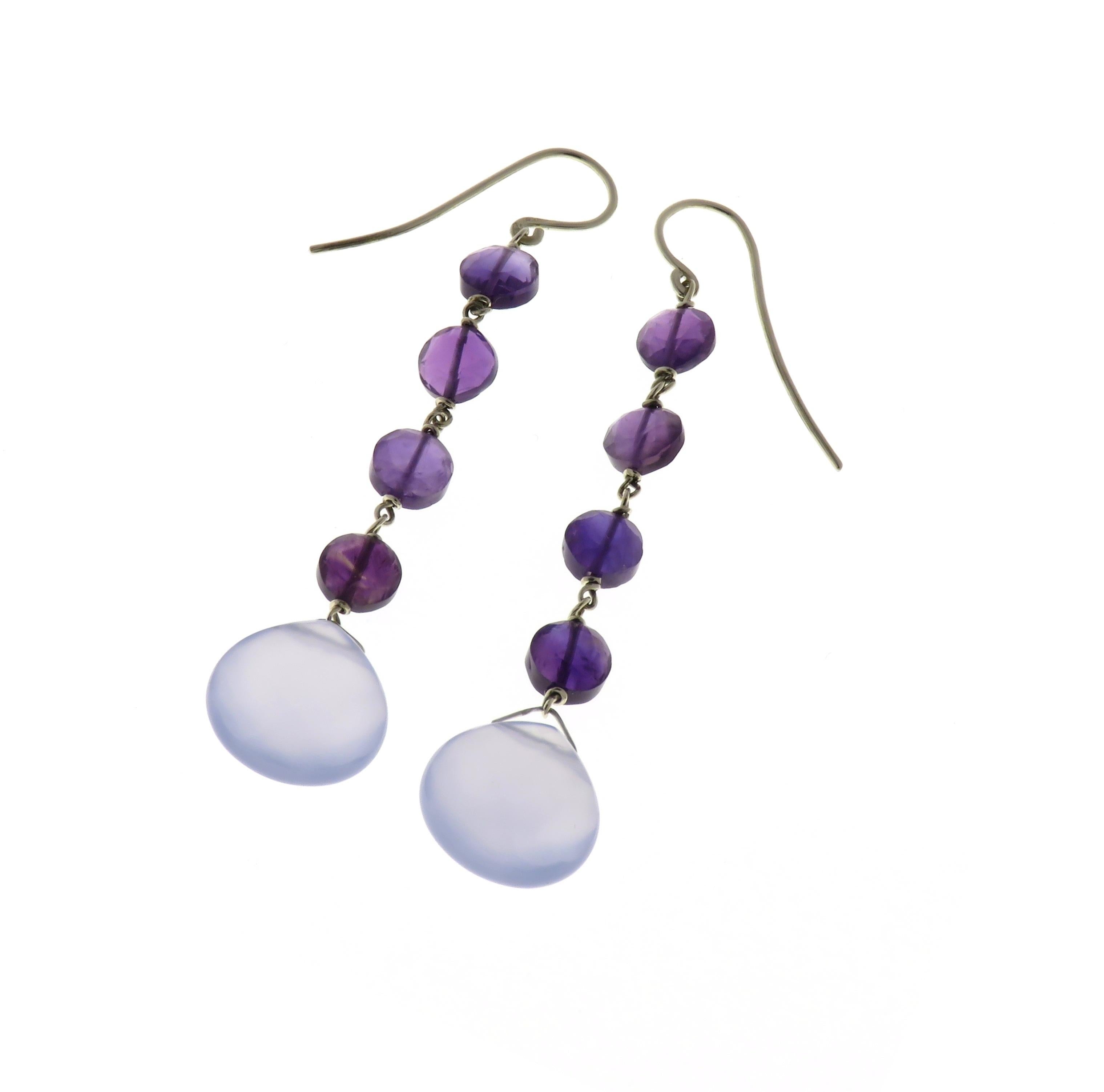 Chalcedony Amethyst 9 Karat White Gold Dangle Earrings Handcrafted in Italy For Sale 1
