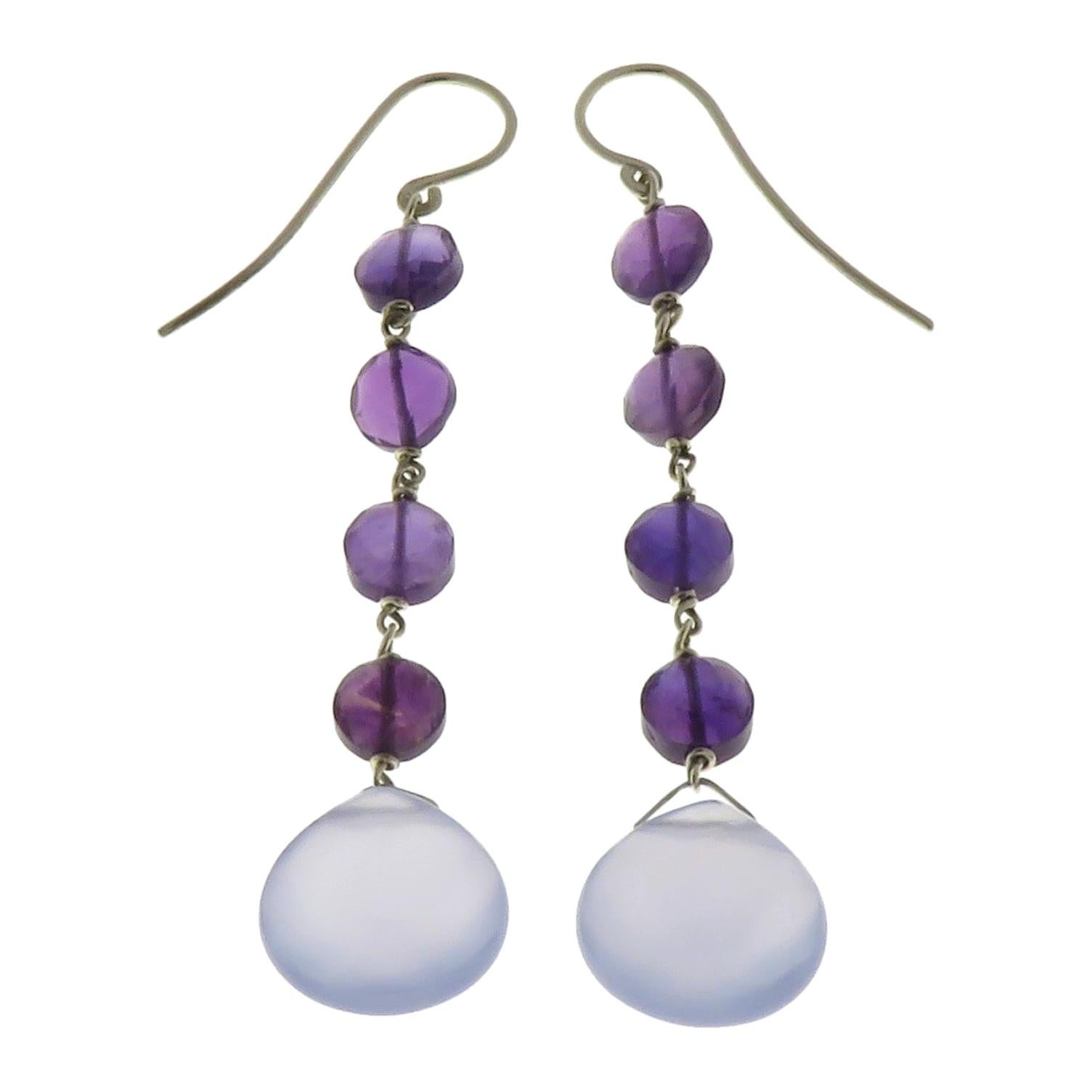 Chalcedony Amethyst 9 Karat White Gold Dangle Earrings Handcrafted in Italy For Sale