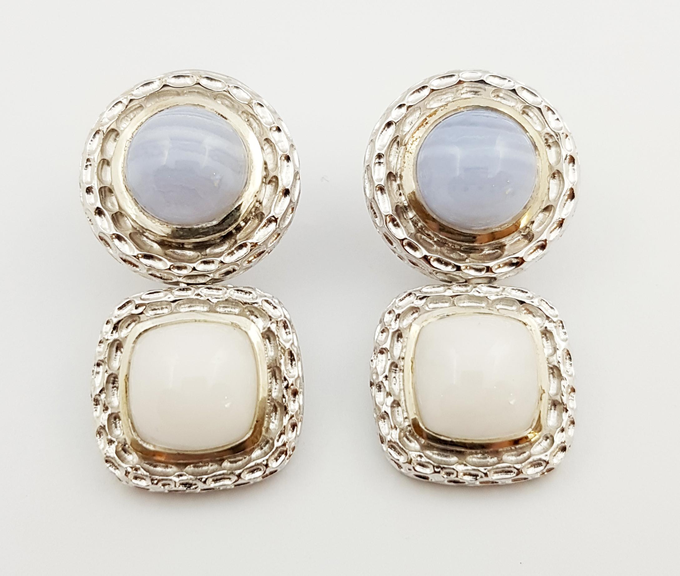 Contemporary Chalcedony and Agate Earrings set in Silver Settings For Sale