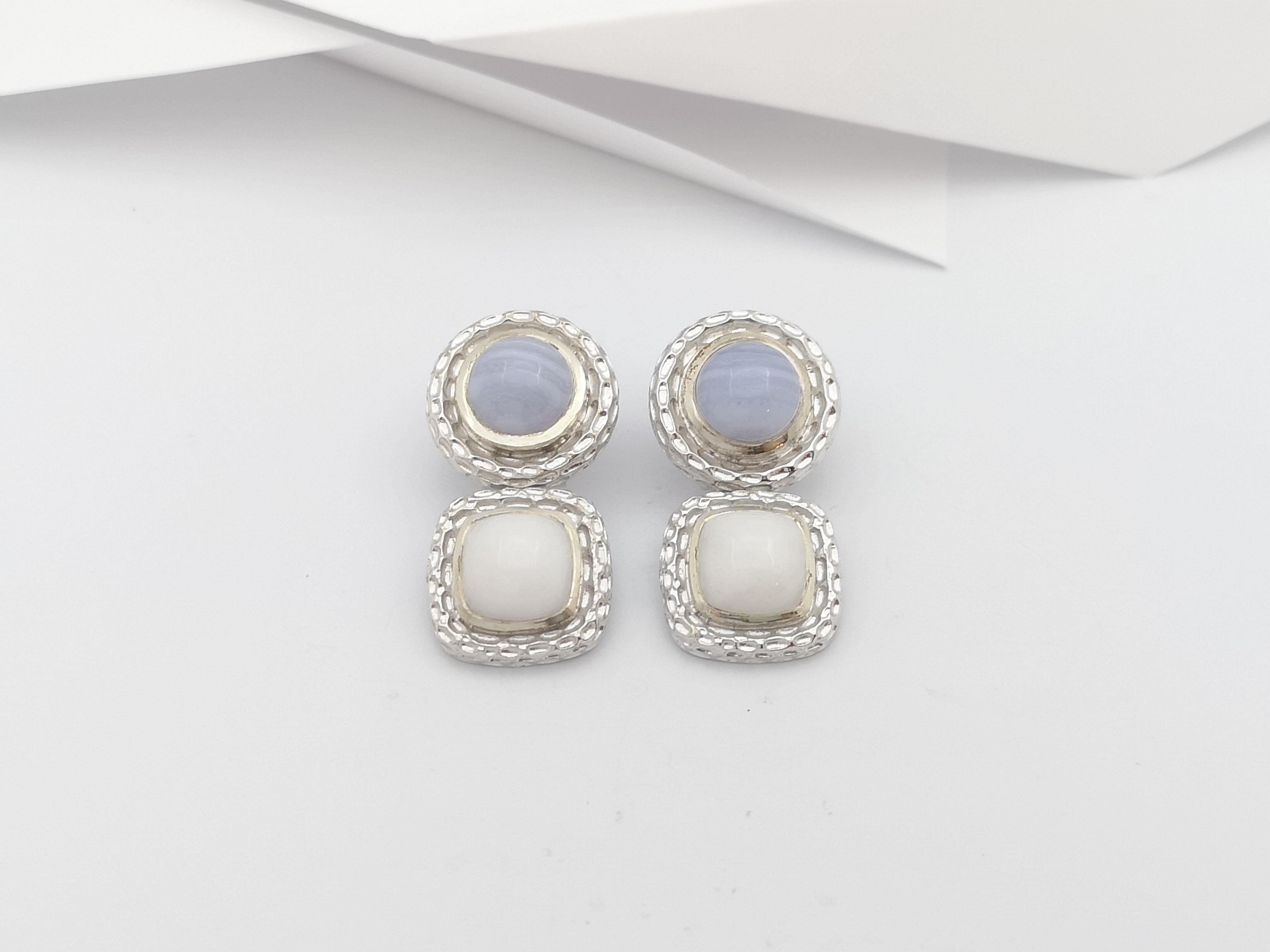 Cabochon Chalcedony and Agate Earrings set in Silver Settings For Sale