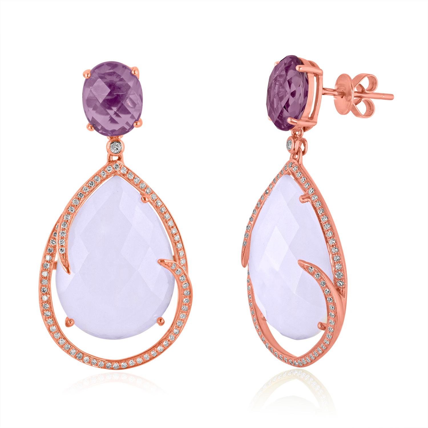 Very Beautiful Amethyst & Chalcedony Earrings accented with romantic Diamond Halo
The earrings are 14K Rose Gold
Amethyst 5.15Ct
Chalcedony 26.63Ct
Diamonds 0.47Ct H SI
They measure 1.5