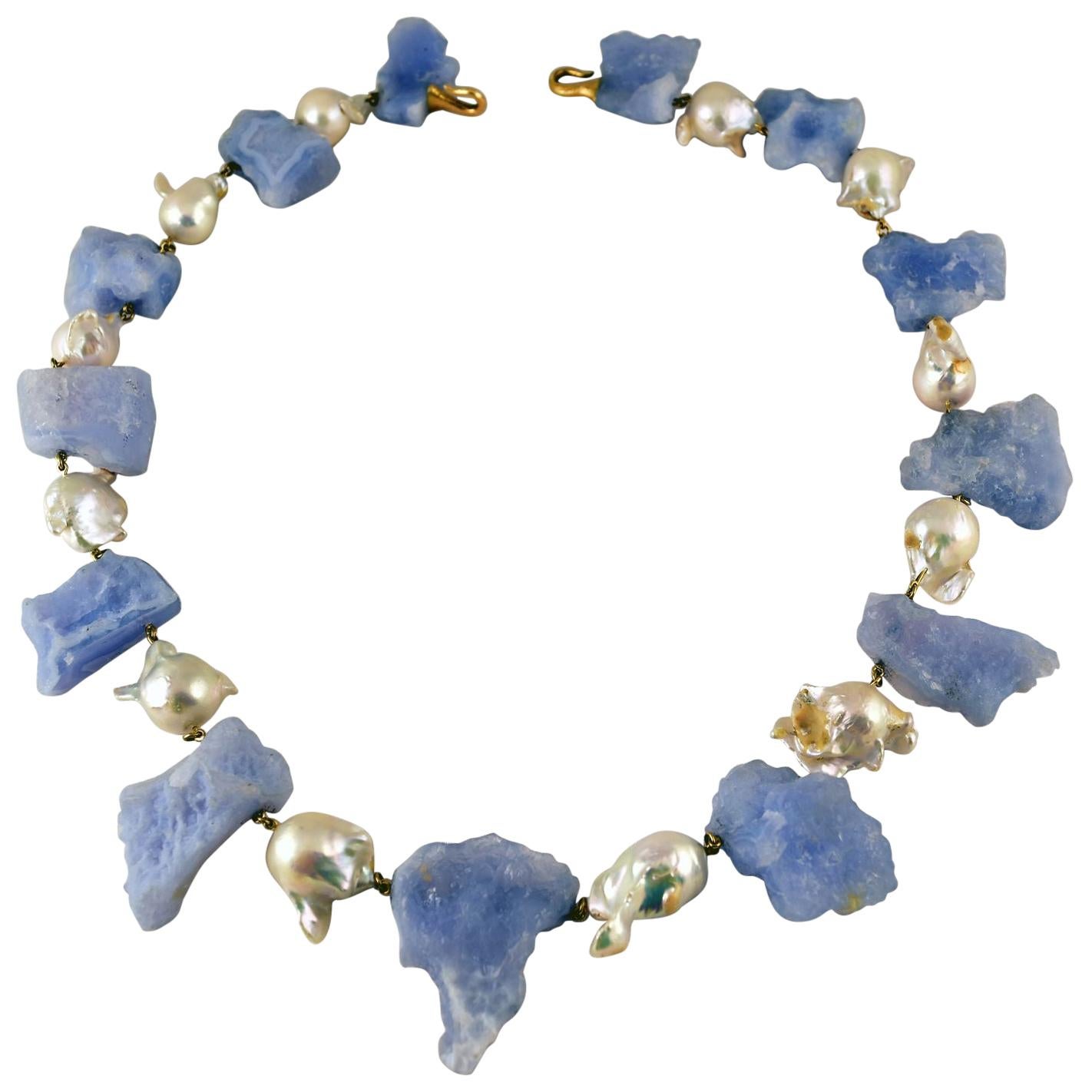 Chalcedony and Baroque Pearl Statement Necklace Tony Duquette Fine Jewelry For Sale