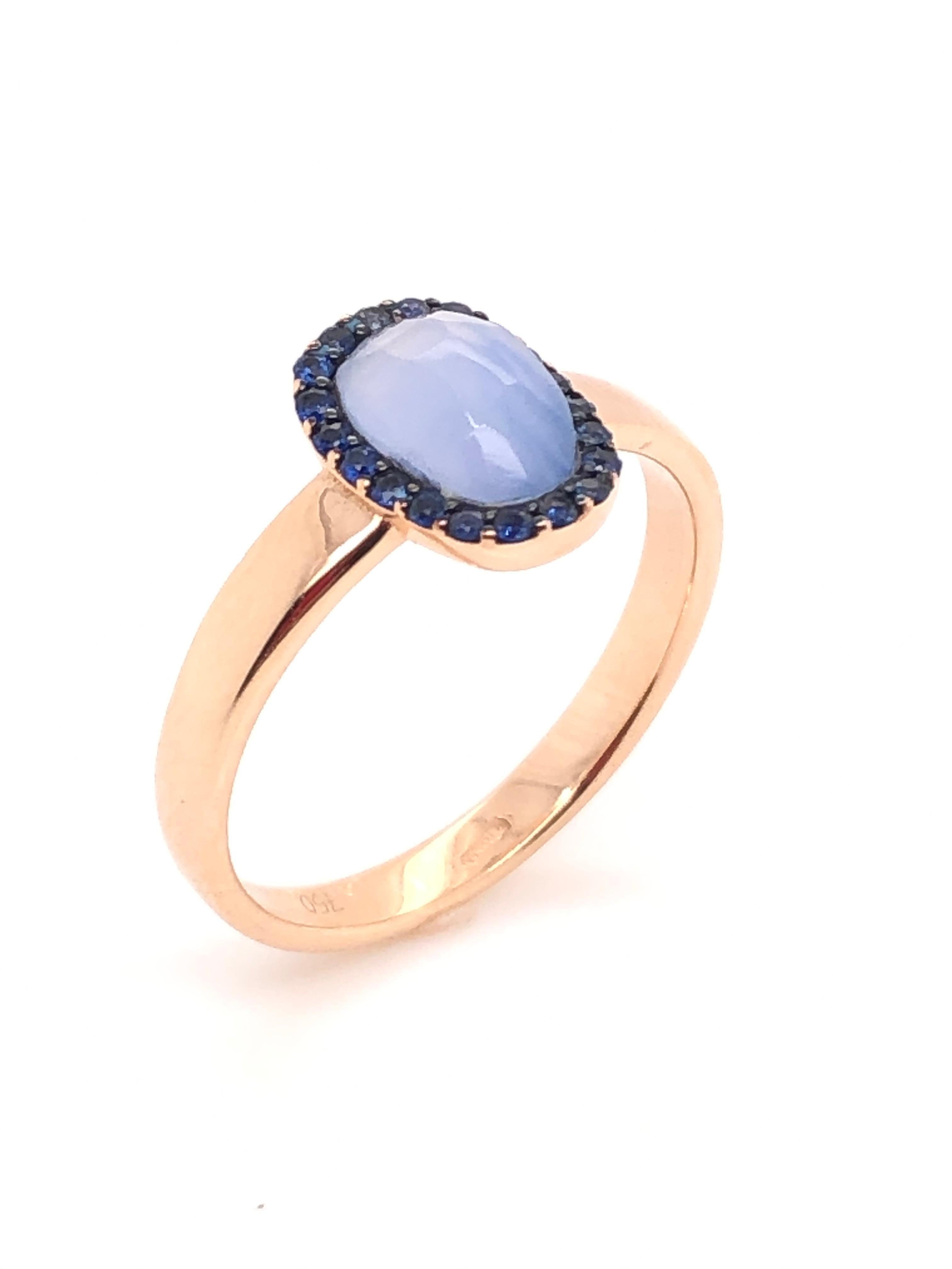 Cabochon Chalcedony and Blue Sapphire on Rose Gold 18 Karat Ring