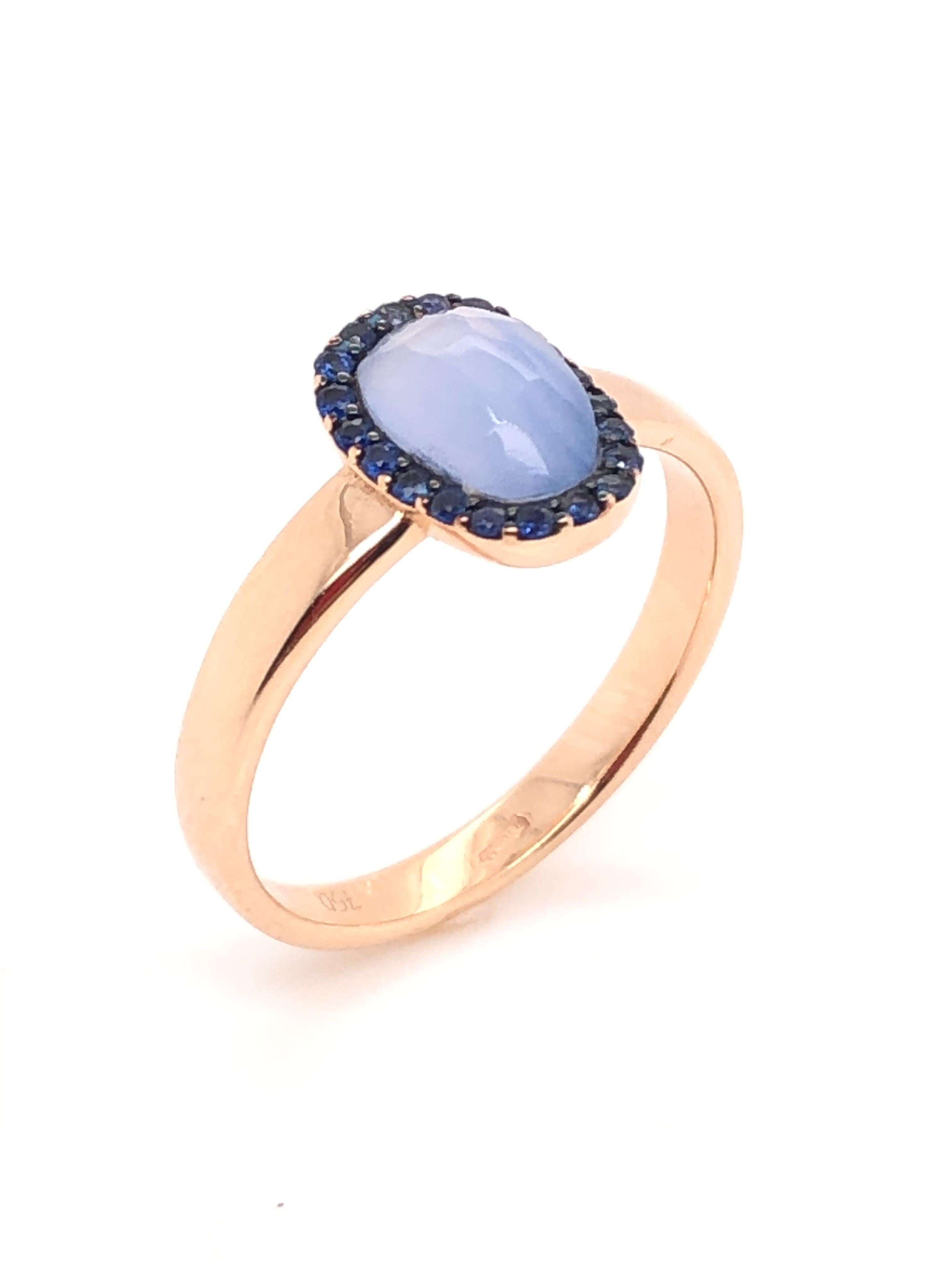 Chalcedony and Blue Sapphire on Rose Gold 18 Karat Ring In New Condition In Vannes, FR