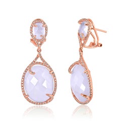 25.71 Carats Chalcedony and Diamond Gold Earrings