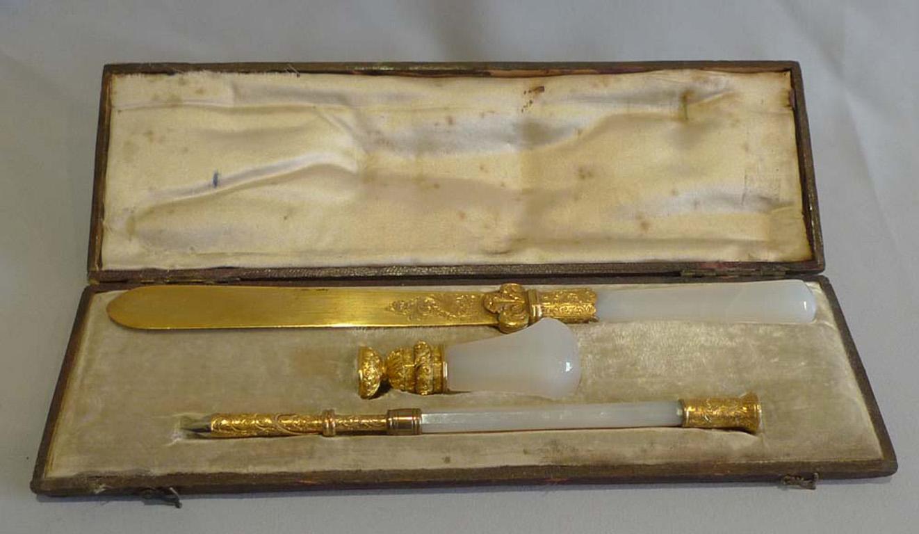 English Chalcedony and Gilded Bronze Desk Set from the Duke of St. Albans For Sale