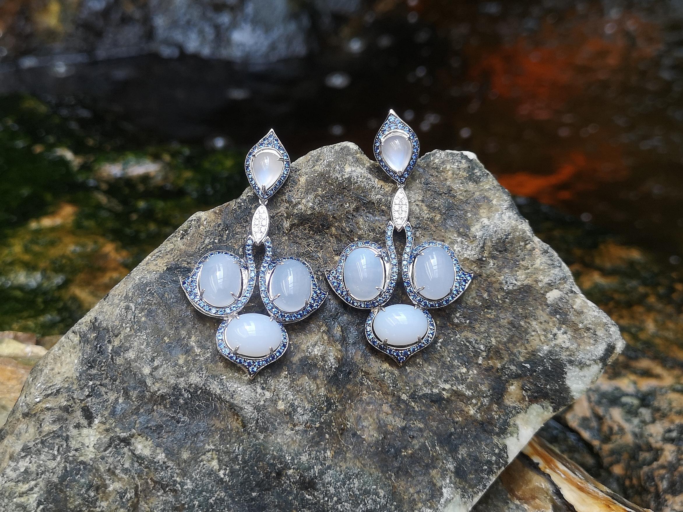 Cabochon Chalcedony and Moonstone Earrings in 18K White Gold For Sale
