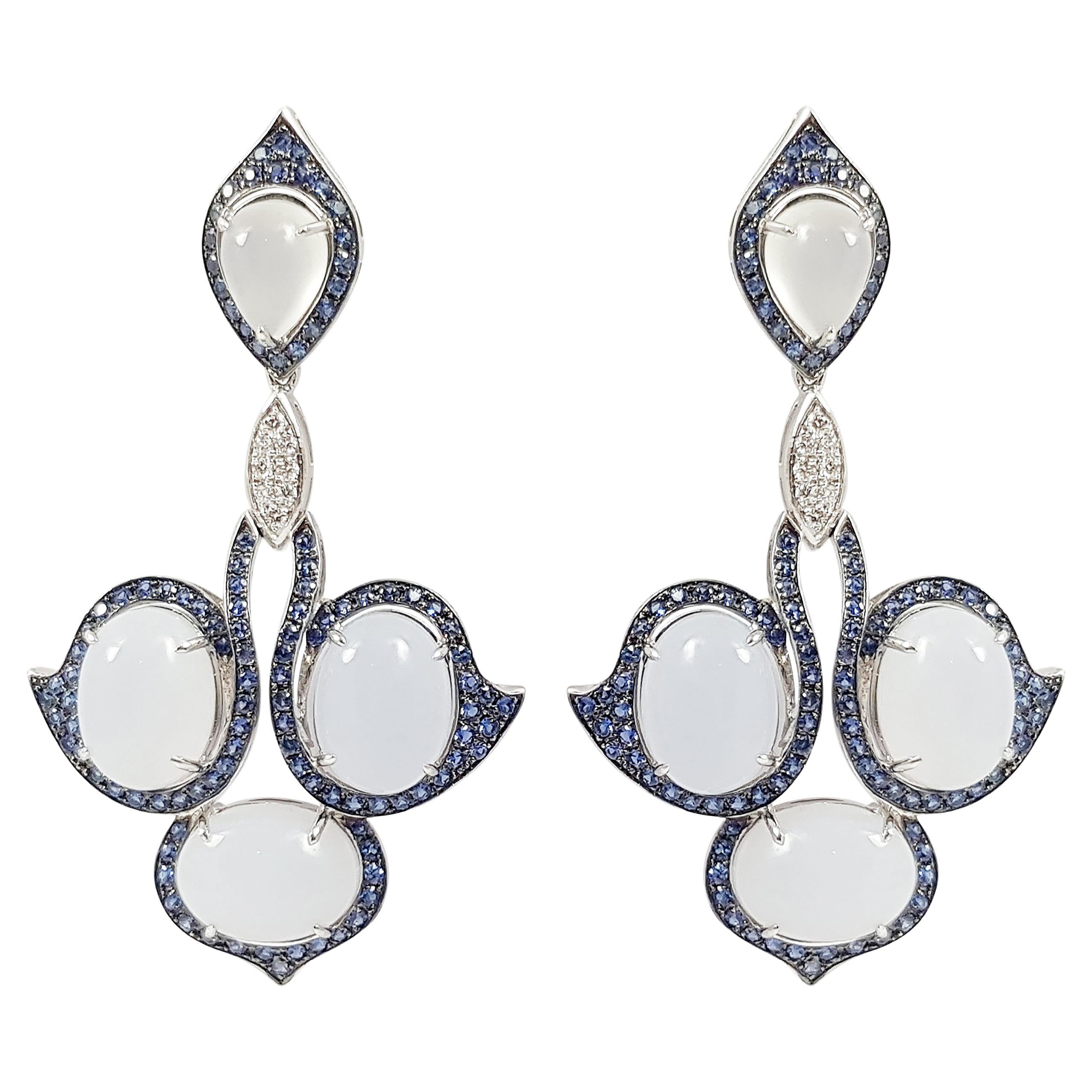 Chalcedony and Moonstone Earrings in 18K White Gold For Sale