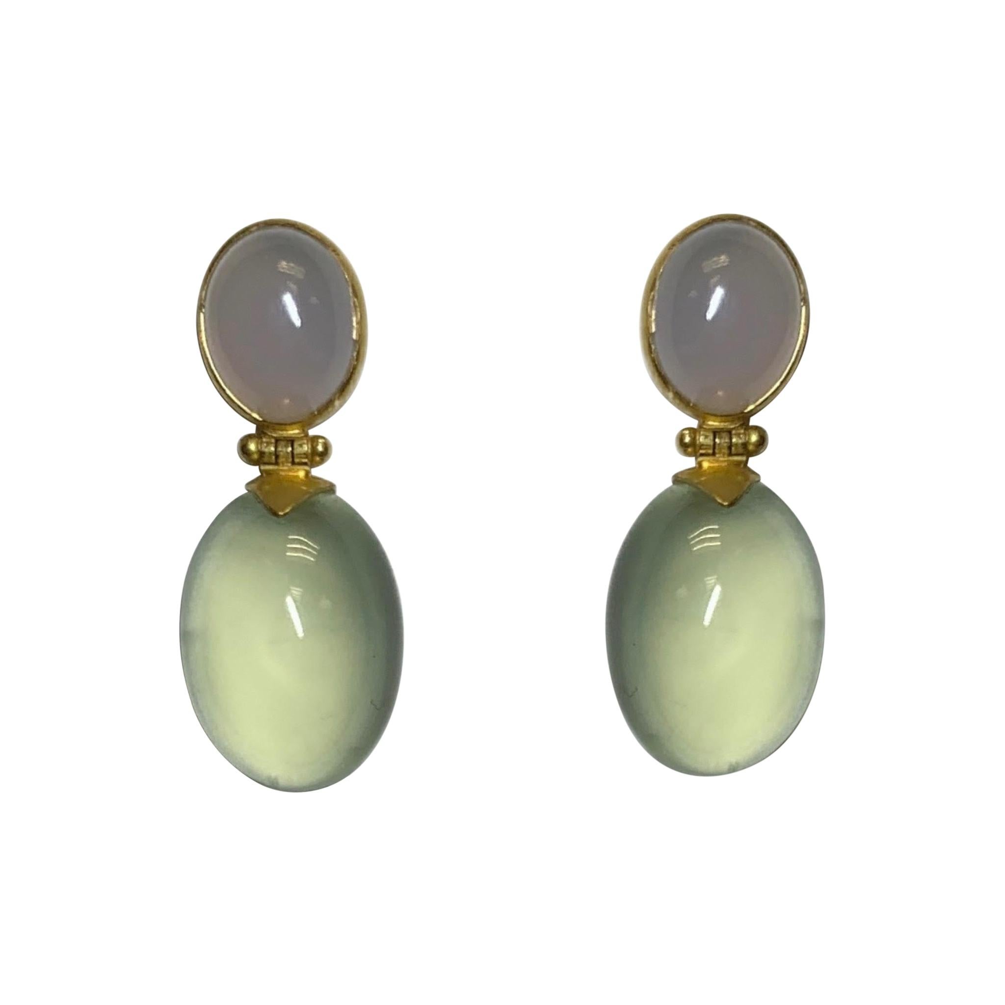 Chalcedony and Prehnite Dangle Earrings in 18 Karat Gold, A2 by Arunashi For Sale