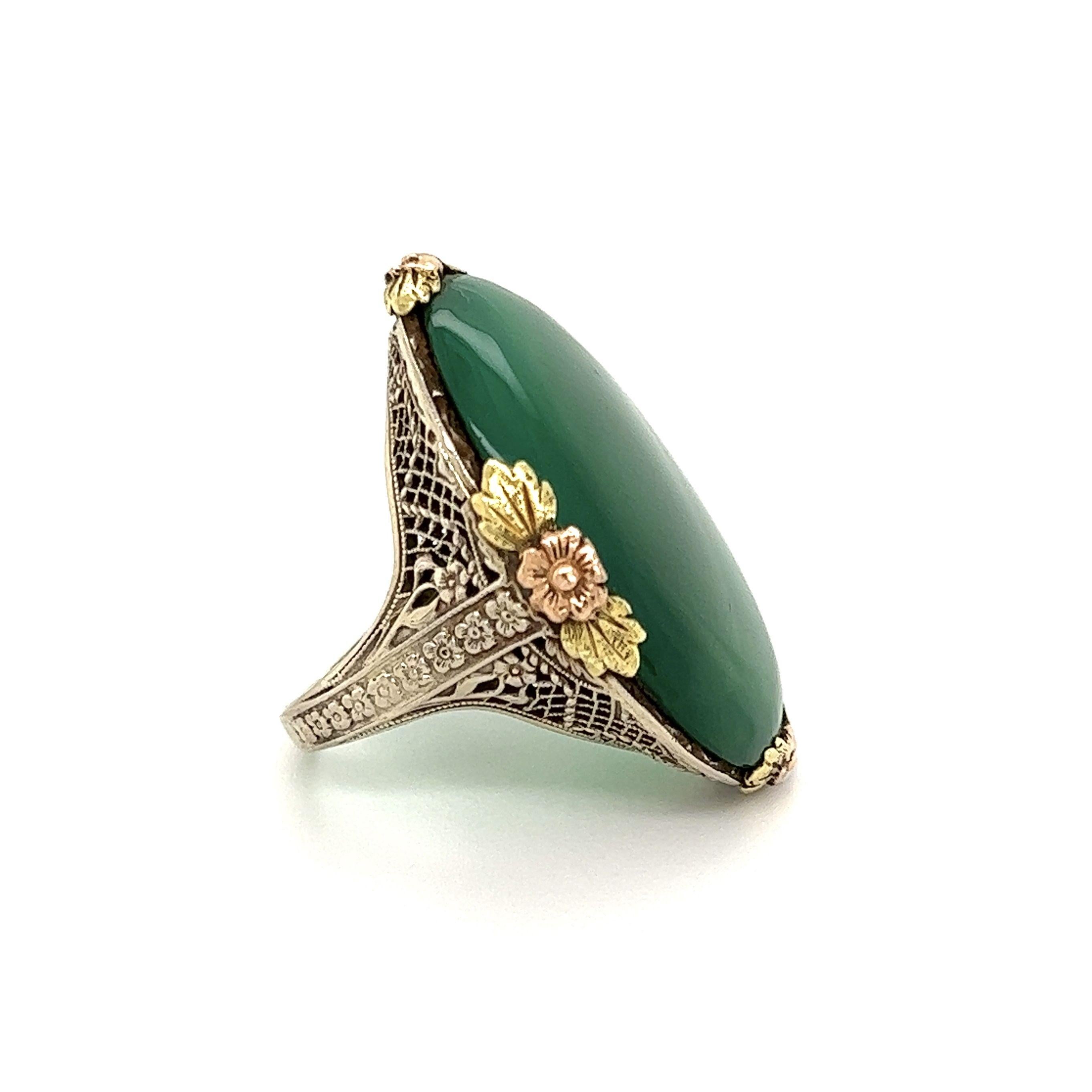 Awesome Solitaire Cocktail Ring, center Hand set with a securely nestled Chalcedony. Artfully Hand crafted Tri-Color 14K Gold mounting. In excellent condition and recently professionally cleaned and polished. Ring size 5.75, we offer ring resizing.