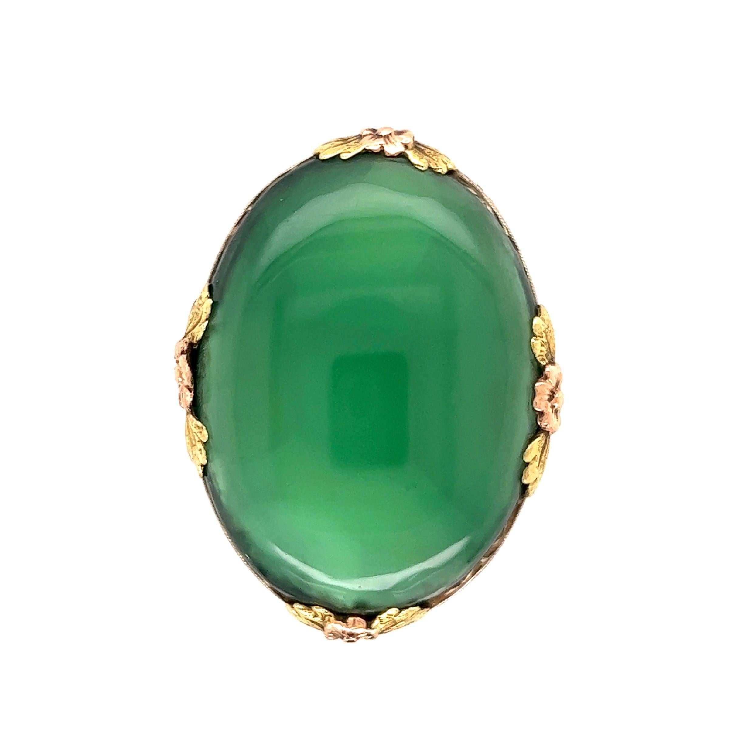 Oval Cut Chalcedony Arts and Crafts Tri-Color Gold Ring For Sale