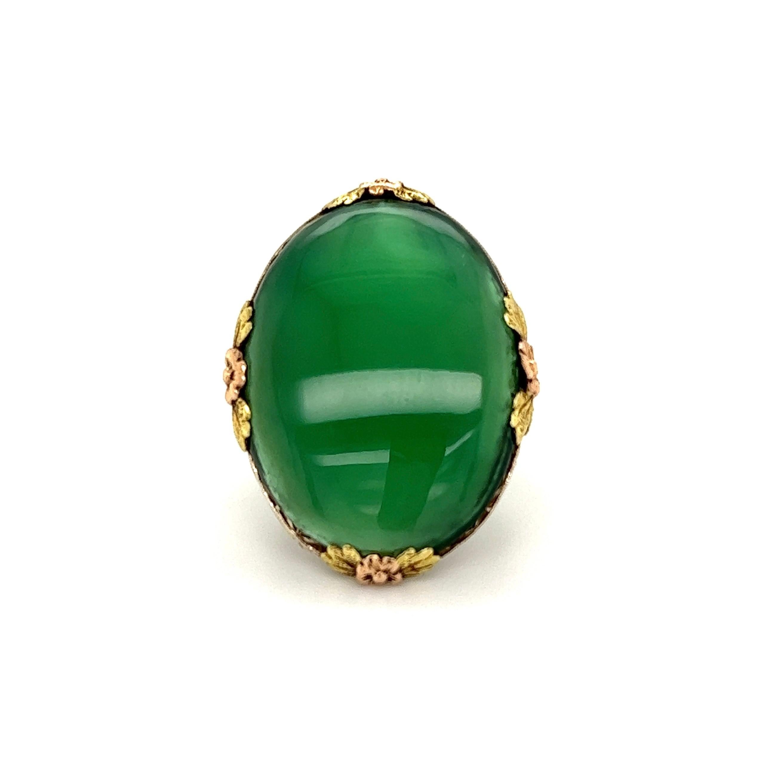 Chalcedony Arts and Crafts Tri-Color Gold Ring For Sale 1