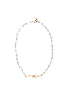 Chalcedony Bead Necklace with Tendril Pendant with Diamond and Sapphire Melee