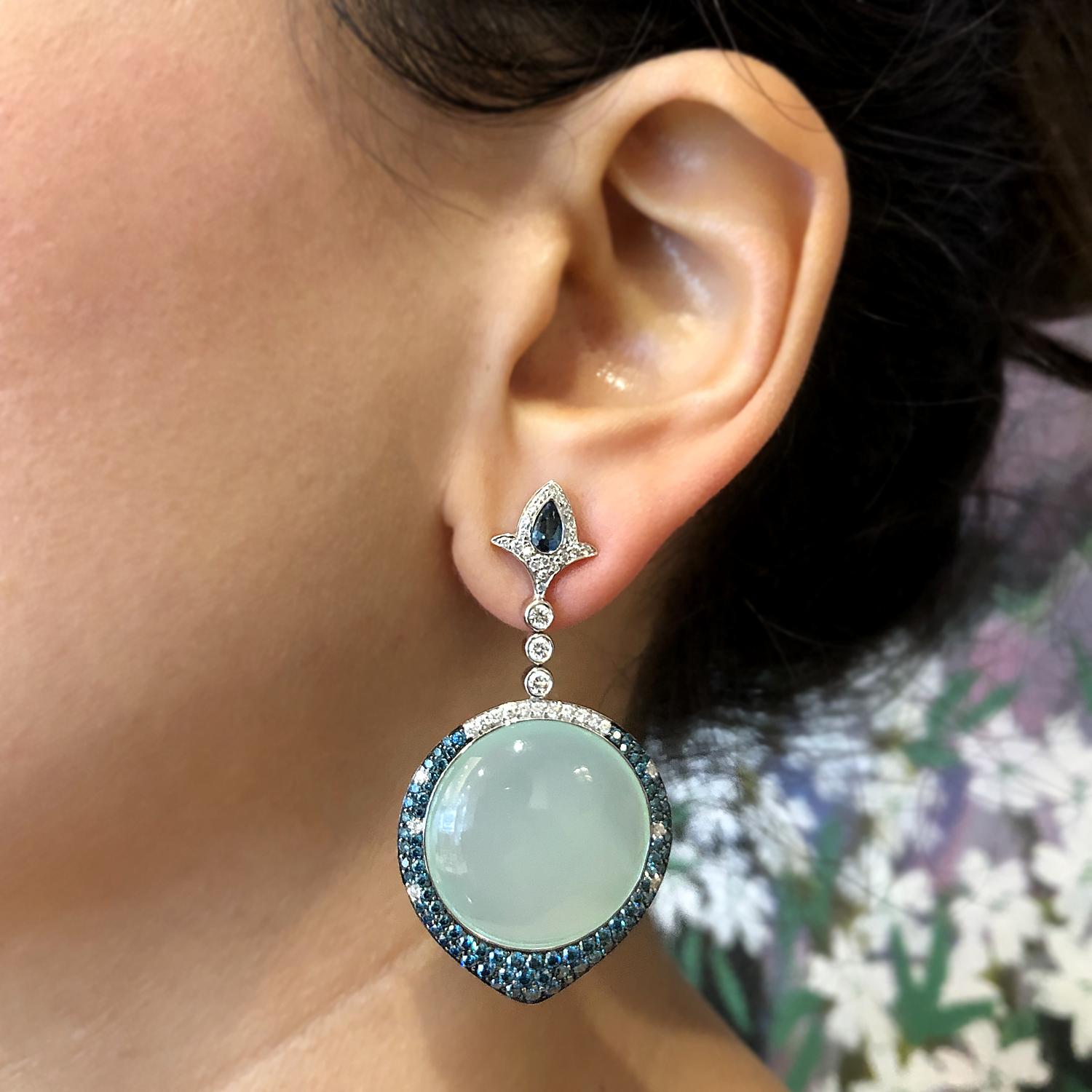 Chalcedony Blue Diamond White Diamond Gold Drop Earrings 1