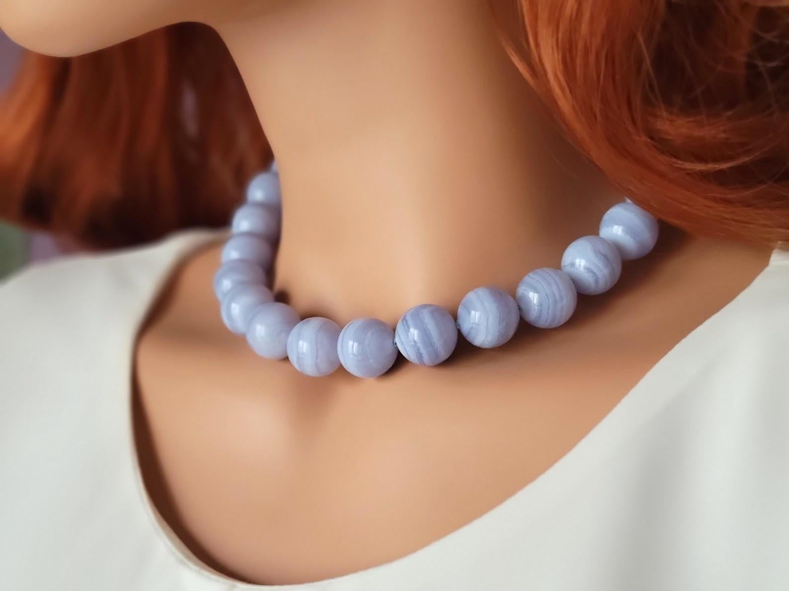 Bead Chalcedony Blue Lace Agate Necklace For Sale